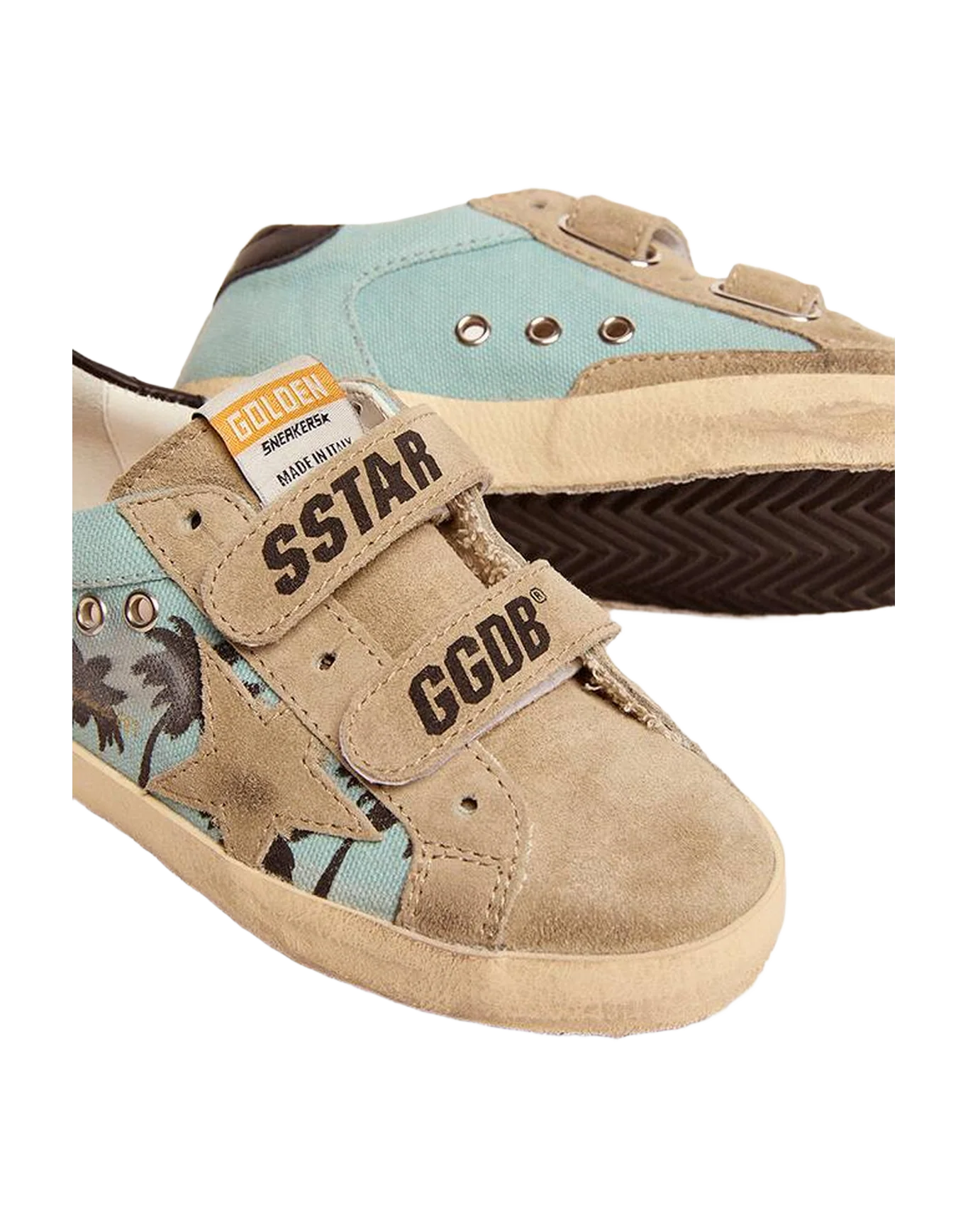 Kids | Old School Junior Turquoise Nylon with Beige Suede Star & Black Leather Heel Tab | Sage Green x Taupe x Black - Image 2