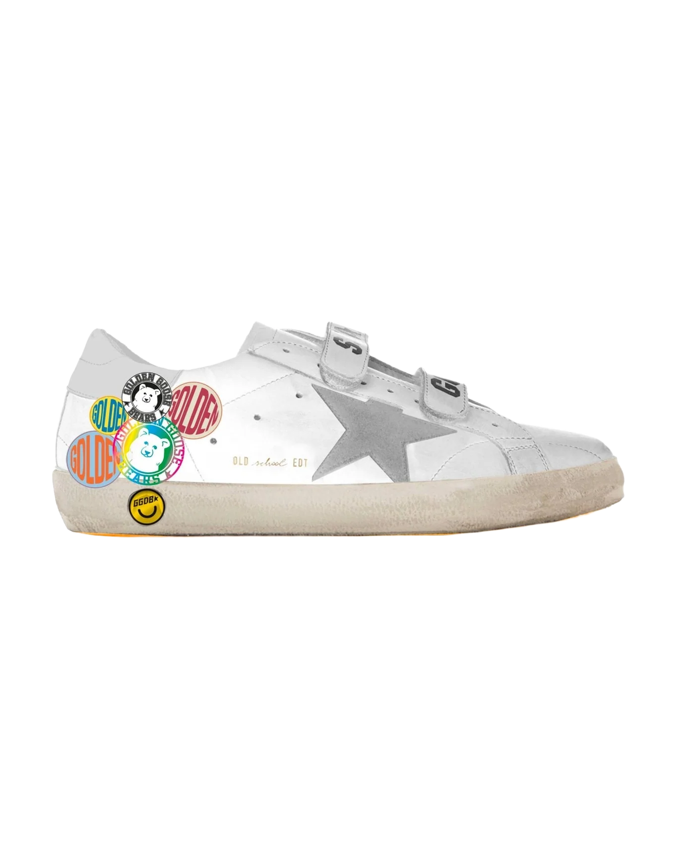 Kids | Old School Junior White Leather with Grey Star & Colorful Pins