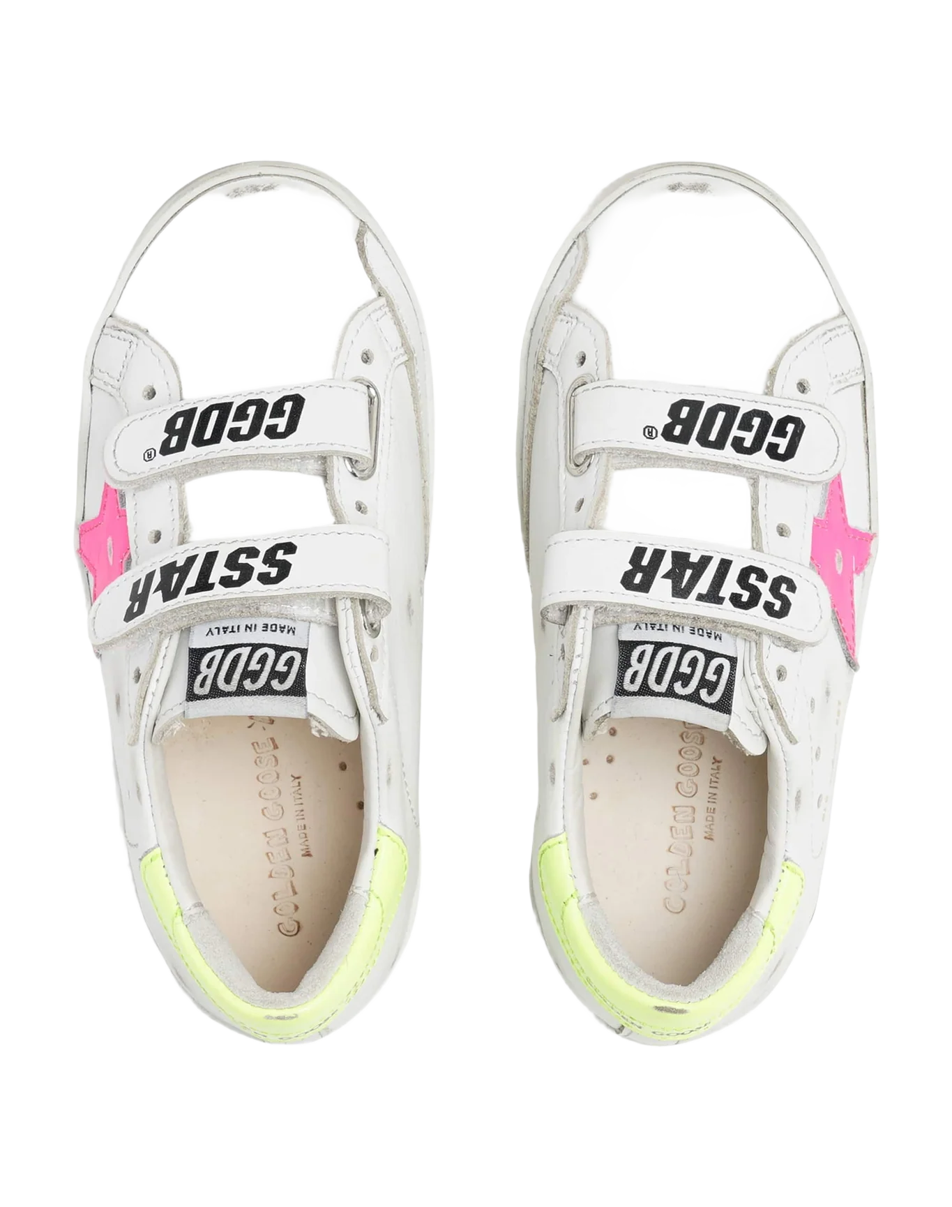 Kids | Old School Junior with White Leather & Fluo Pink Star | White x Fluo Pink x Fluo Yellow - Image 5