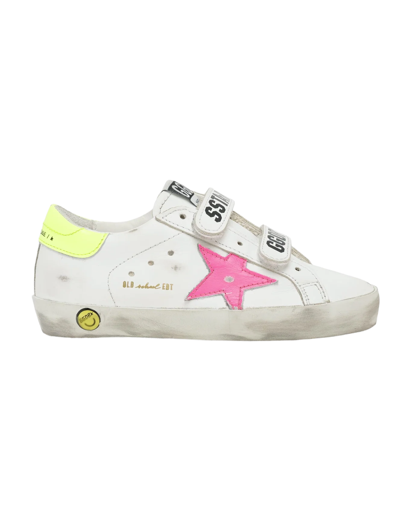 Kids | Old School Junior with White Leather & Fluo Pink Star | White x Fluo Pink x Fluo Yellow - Image 7