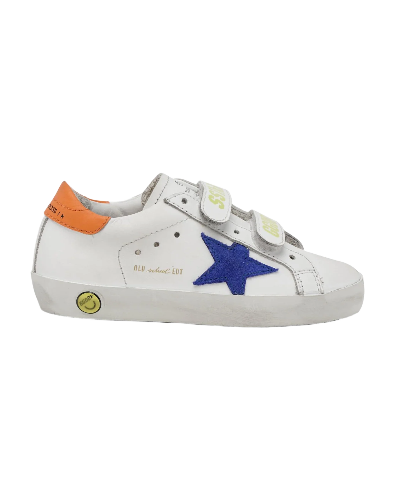 Kids | Old School Sneakers White Leather with Blue Suede Star & Orange Heel Tab | White x Bluette x Orange - Image 2