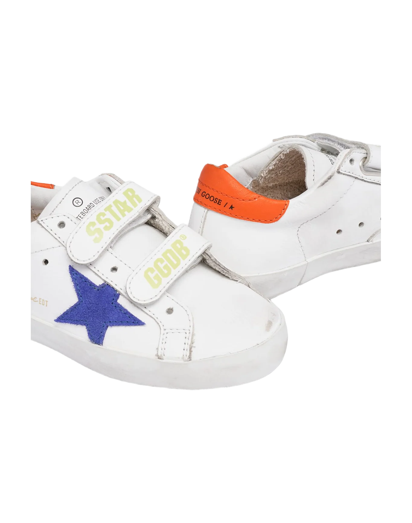 Kids | Old School Sneakers with Light Blue Suede Star & Orange Heel Tab | White x Bluette x Orange - Image 3