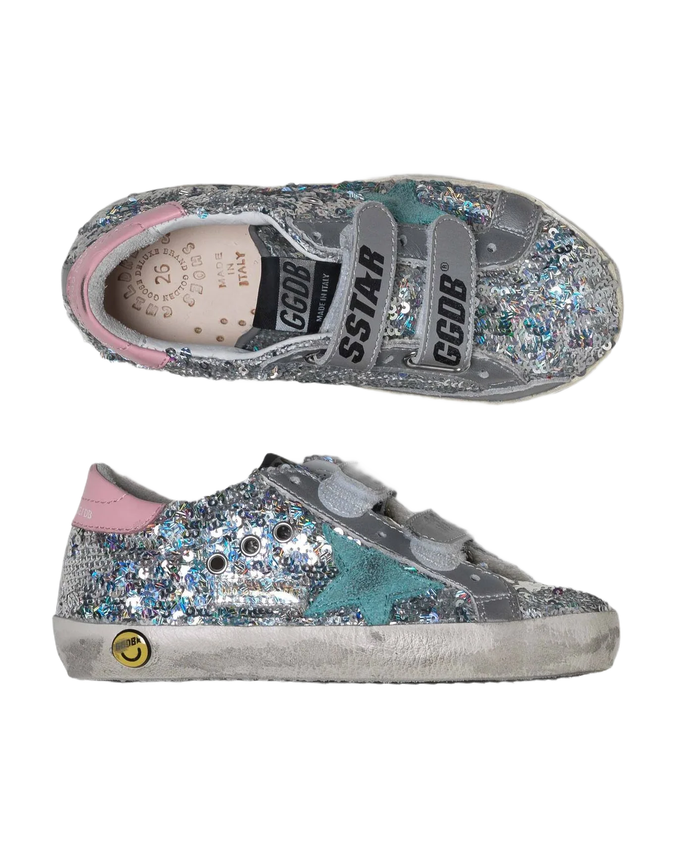 Kids | Old School Young Paiettes with Green Suede Star & Pink Leather Heel Tab - Image 2
