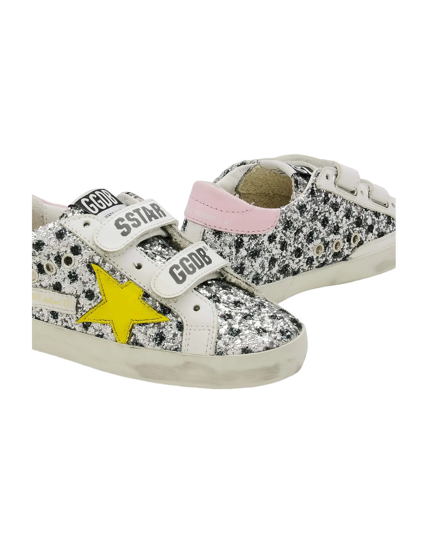 Kids | Old School Young Silver & Black Glitter with Yellow Leather Star & Pink Leather Heel Tab | Silver x Black Pois x White x Yellow x Pink - Image 2