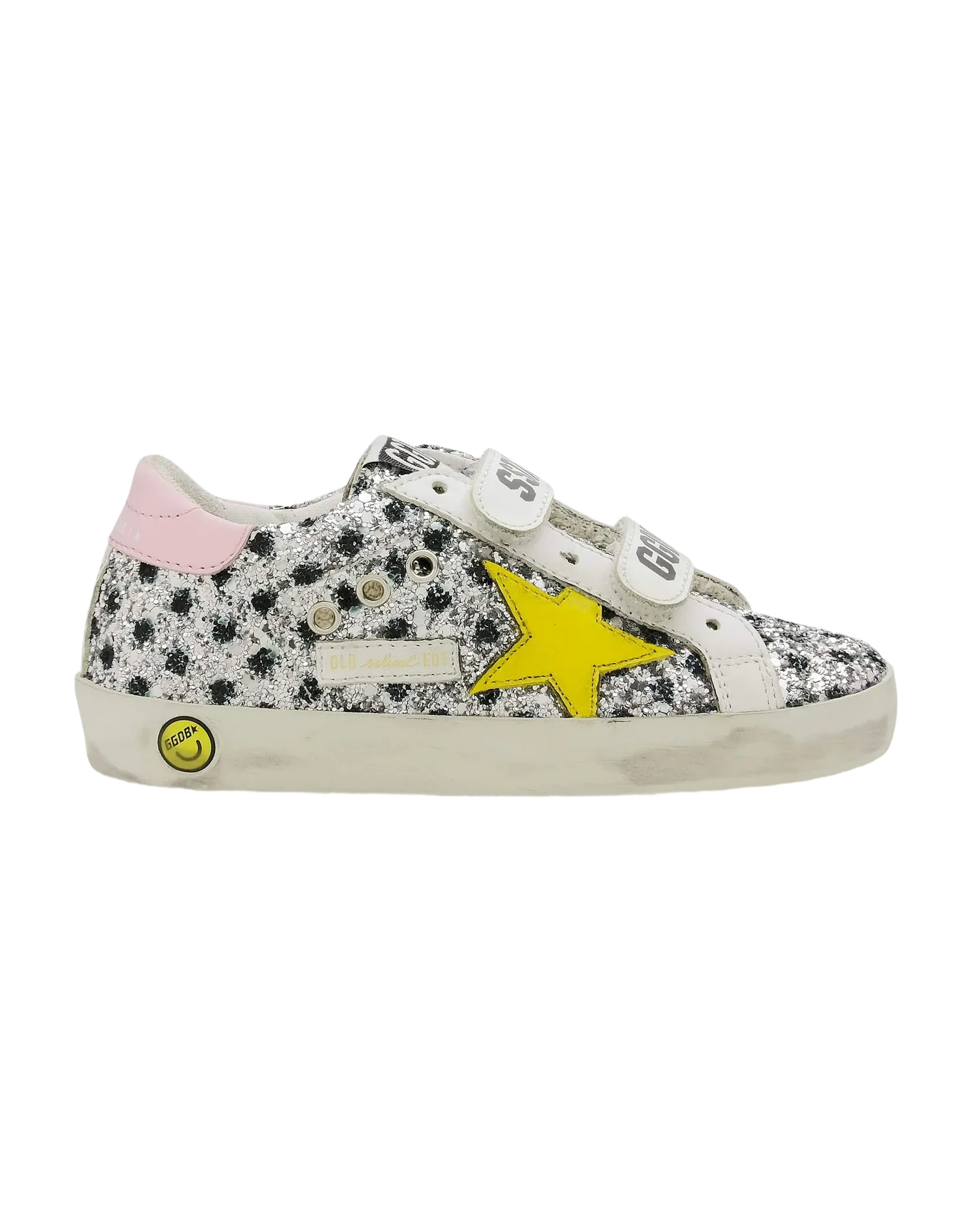 Kids | Old School Young Silver & Black Glitter with Yellow Leather Star & Pink Leather Heel Tab | Silver x Black Pois x White x Yellow x Pink - Image 4