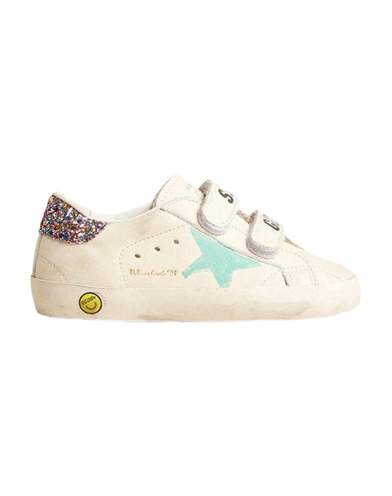Kids | Old School Young White Nappa with Multicolor Glitter Heel Tab | White x Aqua Green x Multicolor