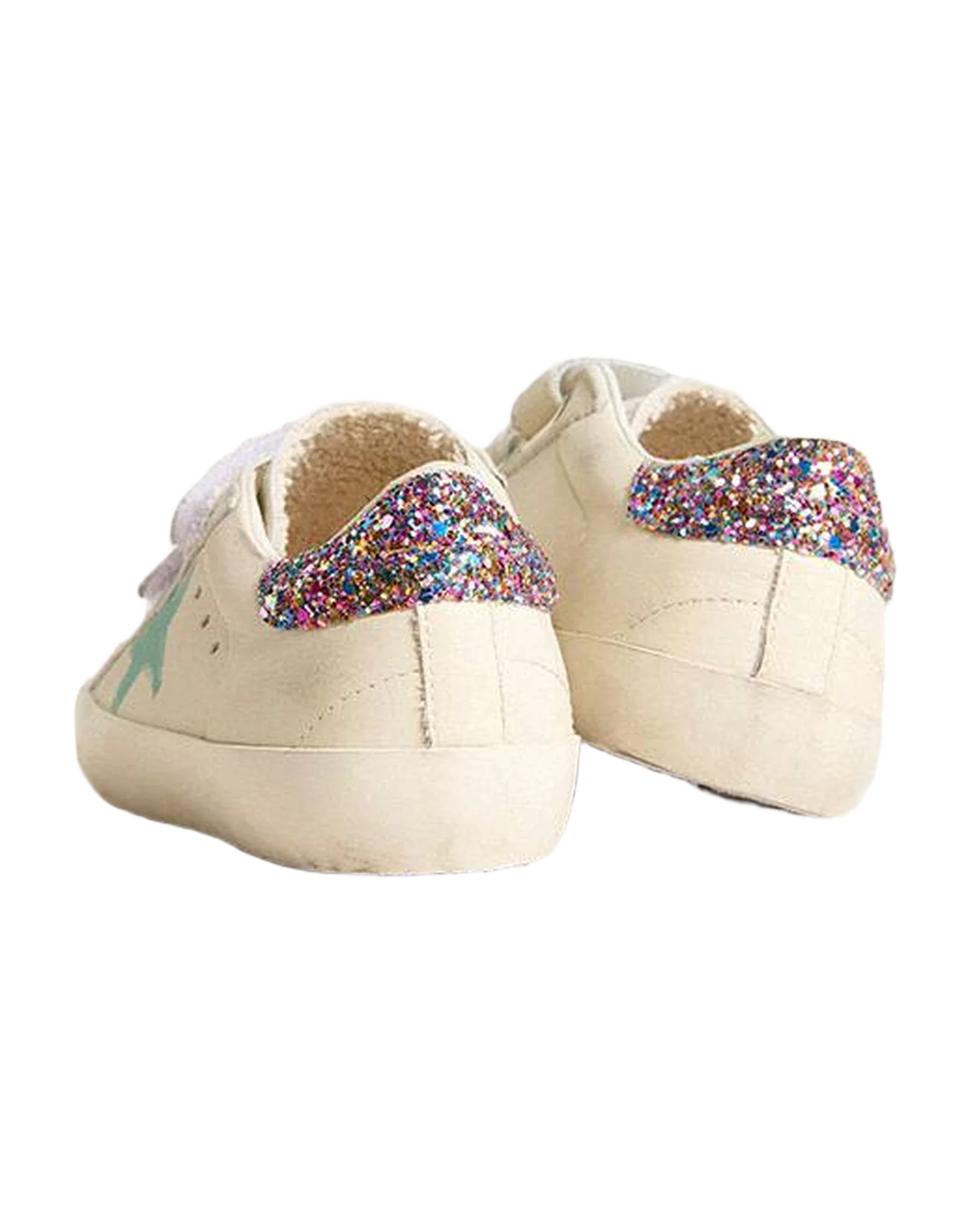 Kids | Old School Young White Nappa with Multicolor Glitter Heel Tab | White x Aqua Green x Multicolor - Image 2