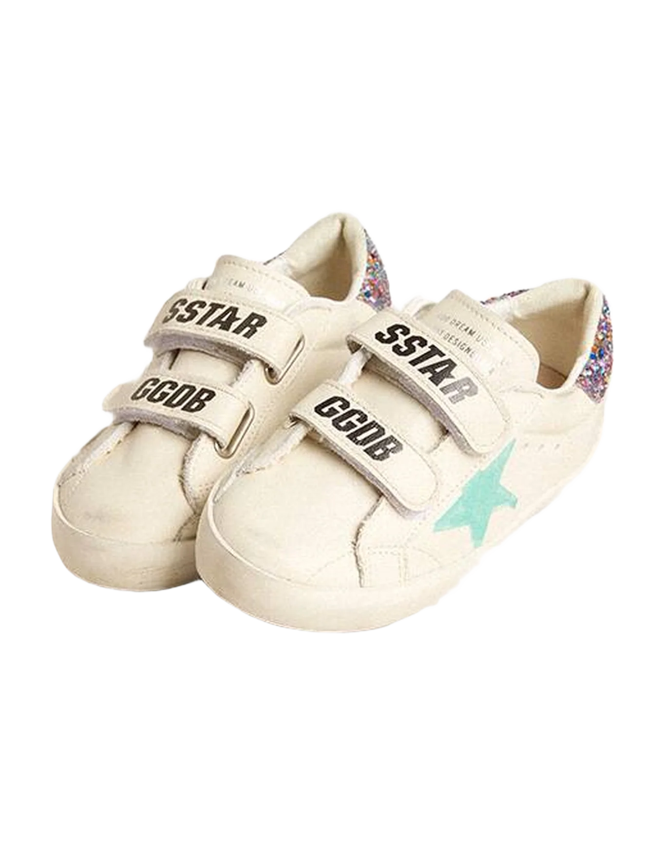 Kids | Old School Young White Nappa with Multicolor Glitter Heel Tab | White x Aqua Green x Multicolor - Image 3