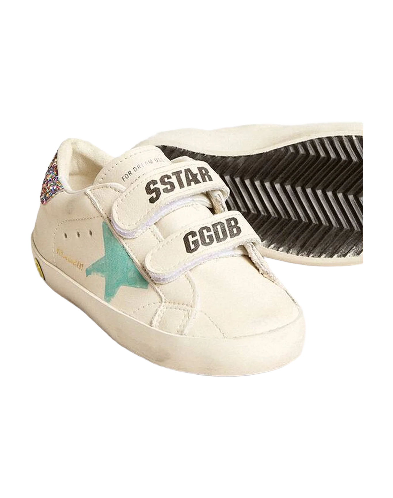 Kids | Old School Young White Nappa with Multicolor Glitter Heel Tab | White x Aqua Green x Multicolor - Image 4