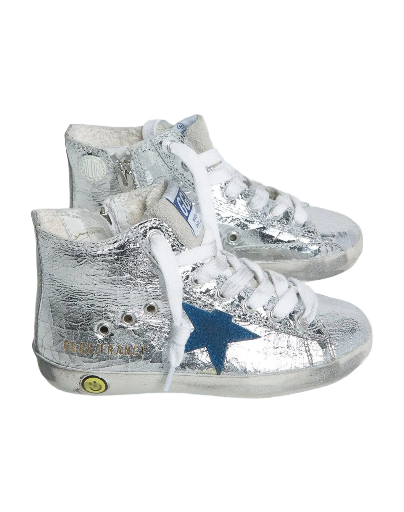Kids | Silver Francy Young Sneakers with Blue Suede Star & White Laces