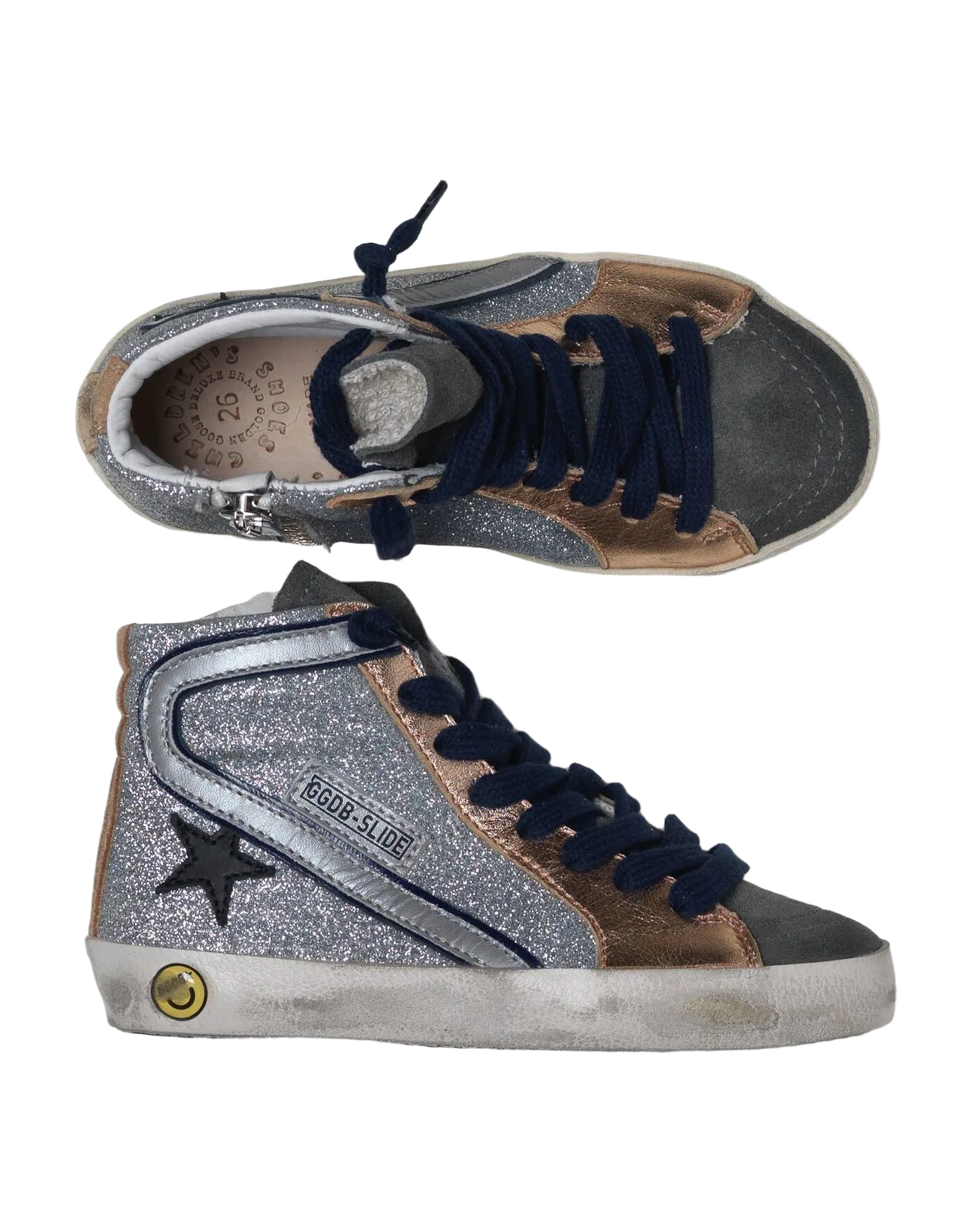 Kids | Slide Sneakers Silver Glitter with Rose Gold Inserts & Black Star - Image 2