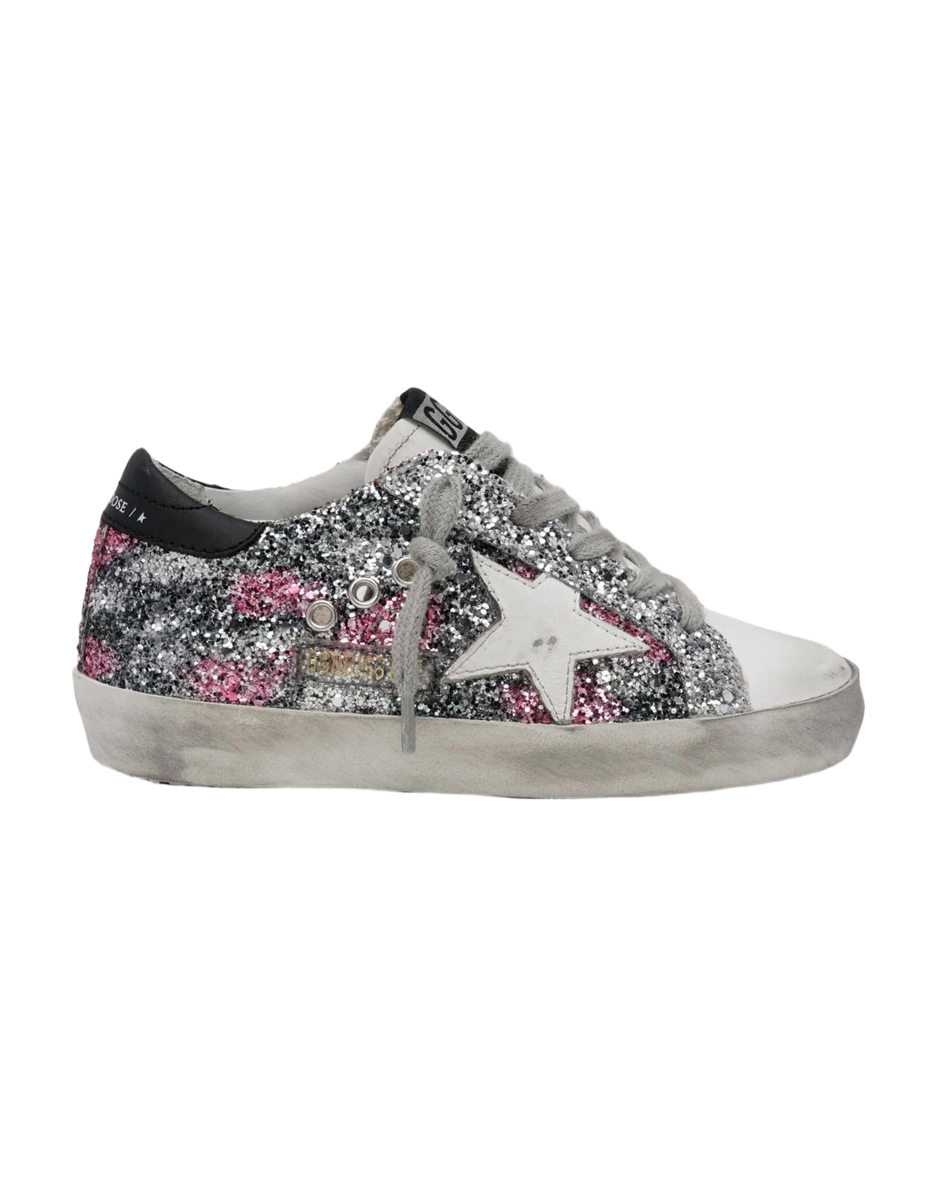 Kids | Super-Star Glitter Quarter Leather Star Leather Heel | Black x Silver x Fuxia x White
