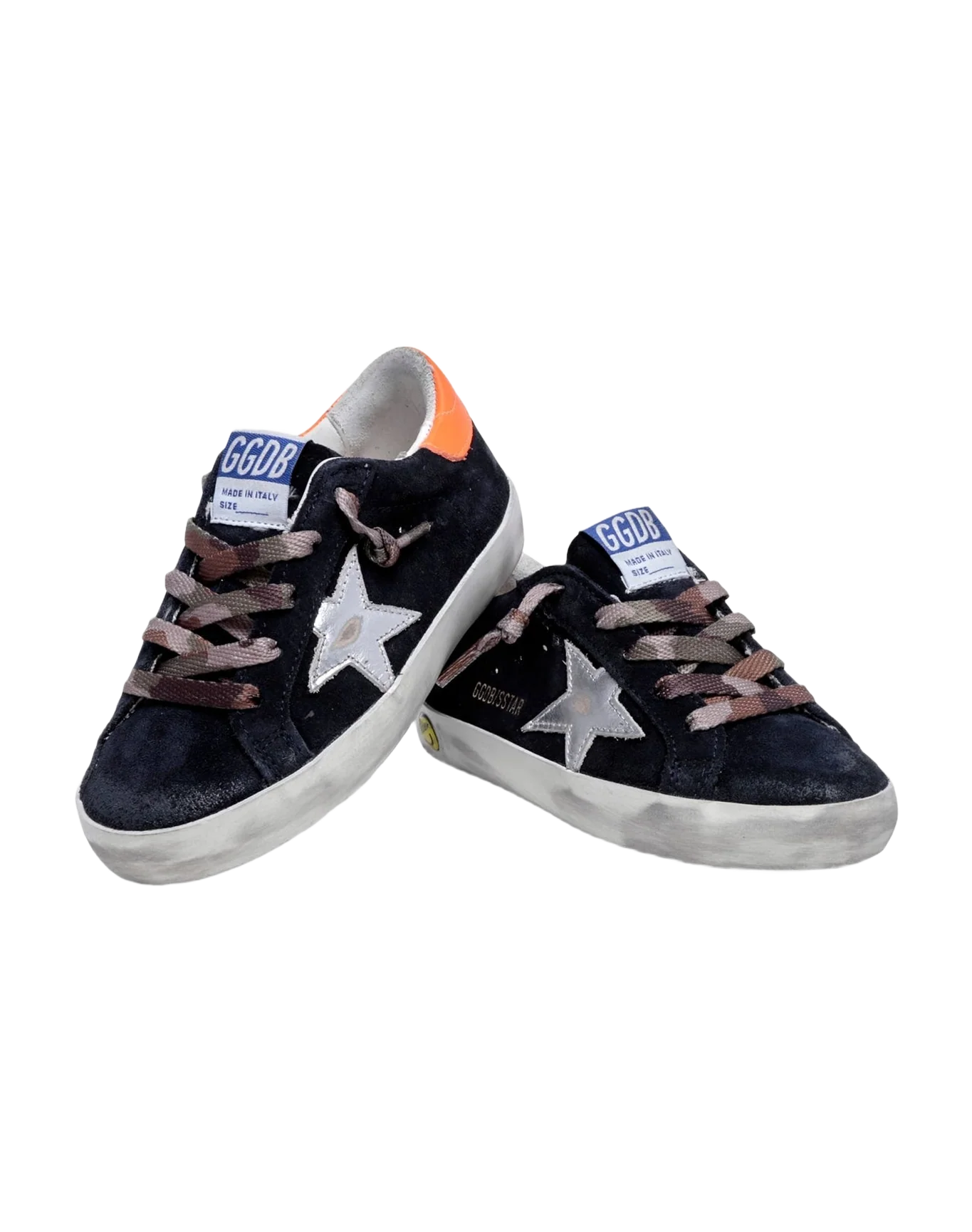 Kids | Super-Star Junior Night Blue Suede with Silver Star & Orange Heel Tab | Night Blue x Silver x Fluo Orange