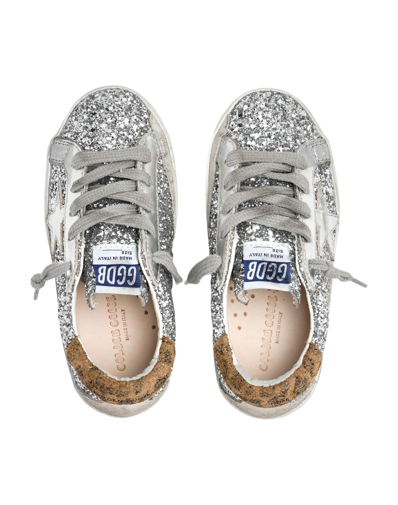Kids | Super-Star Junior Sneakers Silver Glitter with Silver Leather Star & Beige Suede Heel Tab | Silver x Beige Brown Leo x Ice