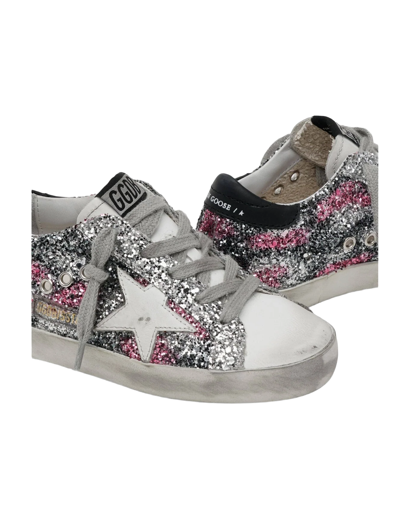 Kids | Super-Star Sneakers Glitter with White Leather Star & Black Heel Tab | Black x Silver x Fuxia x White
