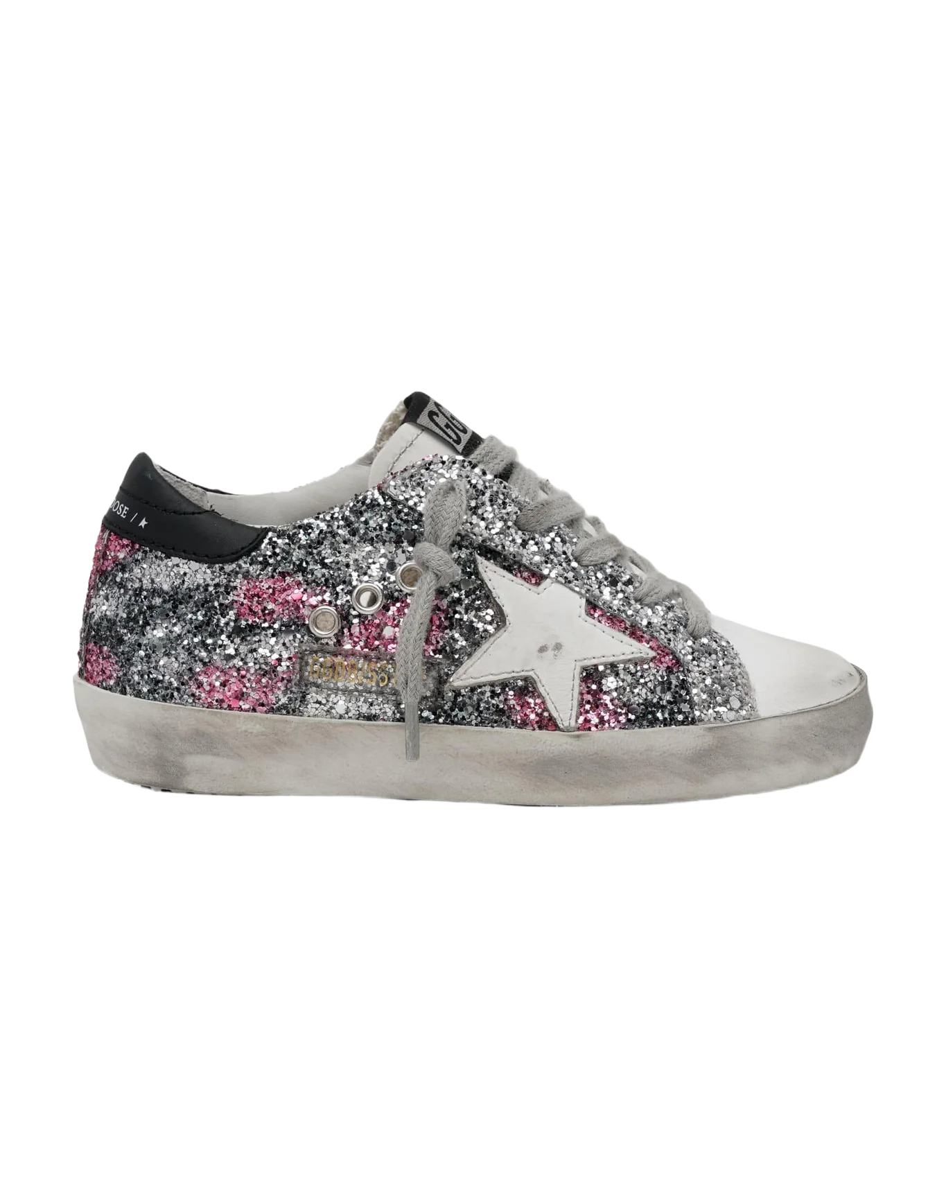 Kids | Super-Star Sneakers Glitter with White Leather Star & Black Heel Tab | Black x Silver x Fuxia x White - Image 3