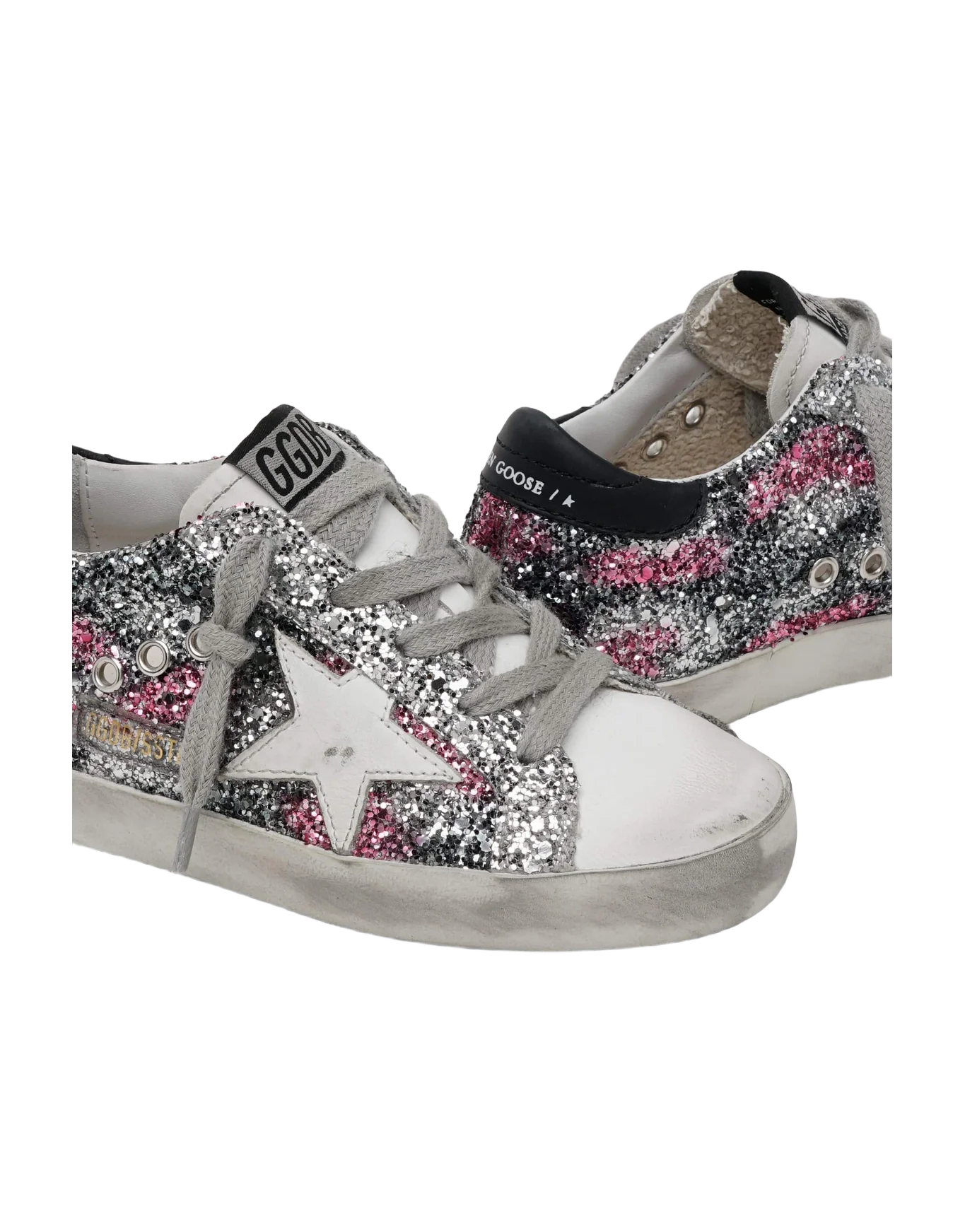 Kids | Super-Star Sneakers Glitter with White Leather Star & Black Heel Tab | Black x Silver x Fuxia x White - Image 4
