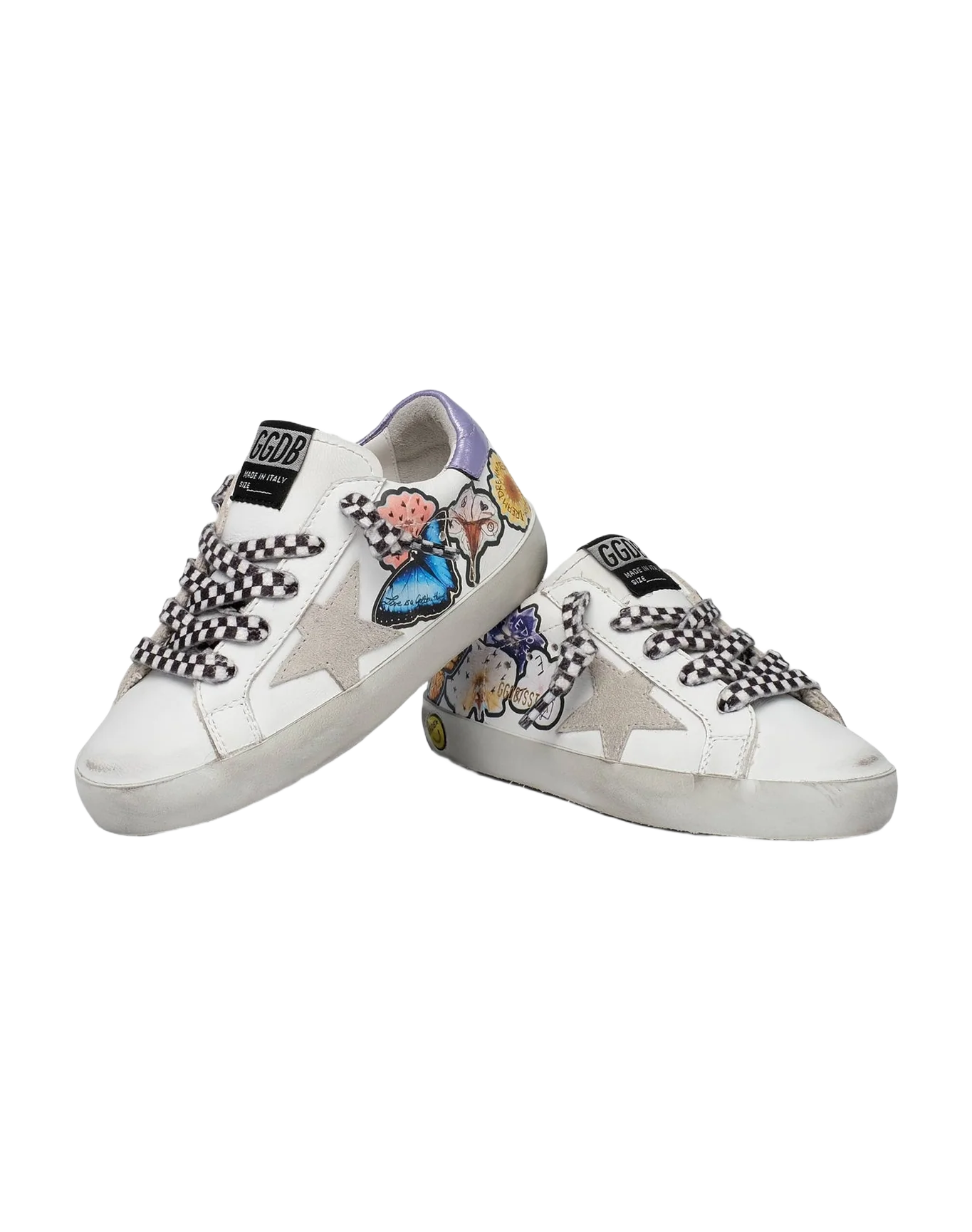 Kids | Super-Star Sneakers White Leather with Flowers & Lilac Laminated Heel Tab | White x Multicolor x Ice x Lavender