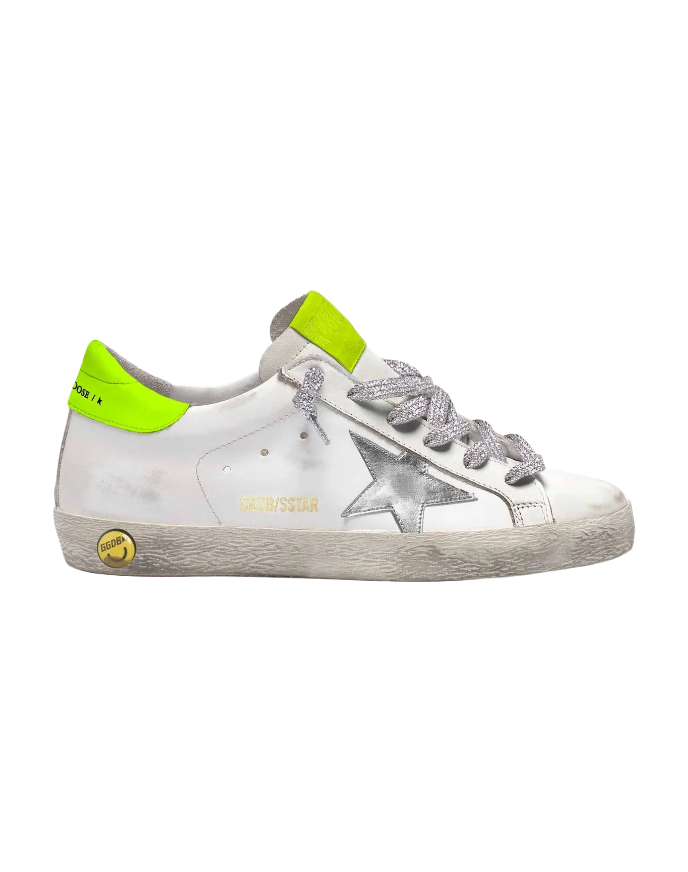 Kids | Super-Star Sneakers with Fluorescent Yellow Heel Tab & Silver Star | White x Silver x Yellow Fluo (V1) - Image 2