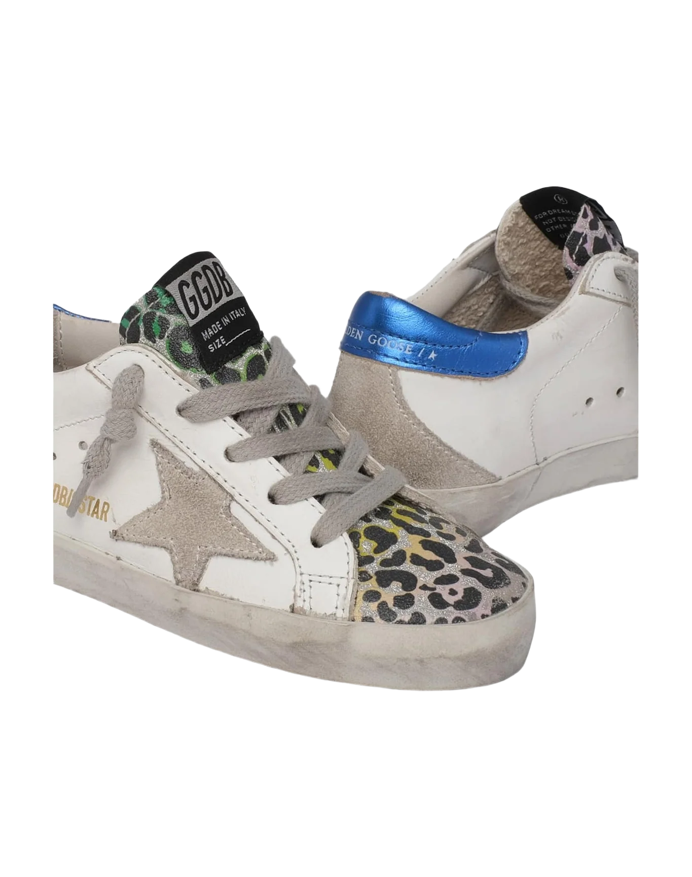 Kids | Super-Star Sneakers with Leopard-Print Suede Insert | White x Silver x Multicolor Leo x Ice x Blue