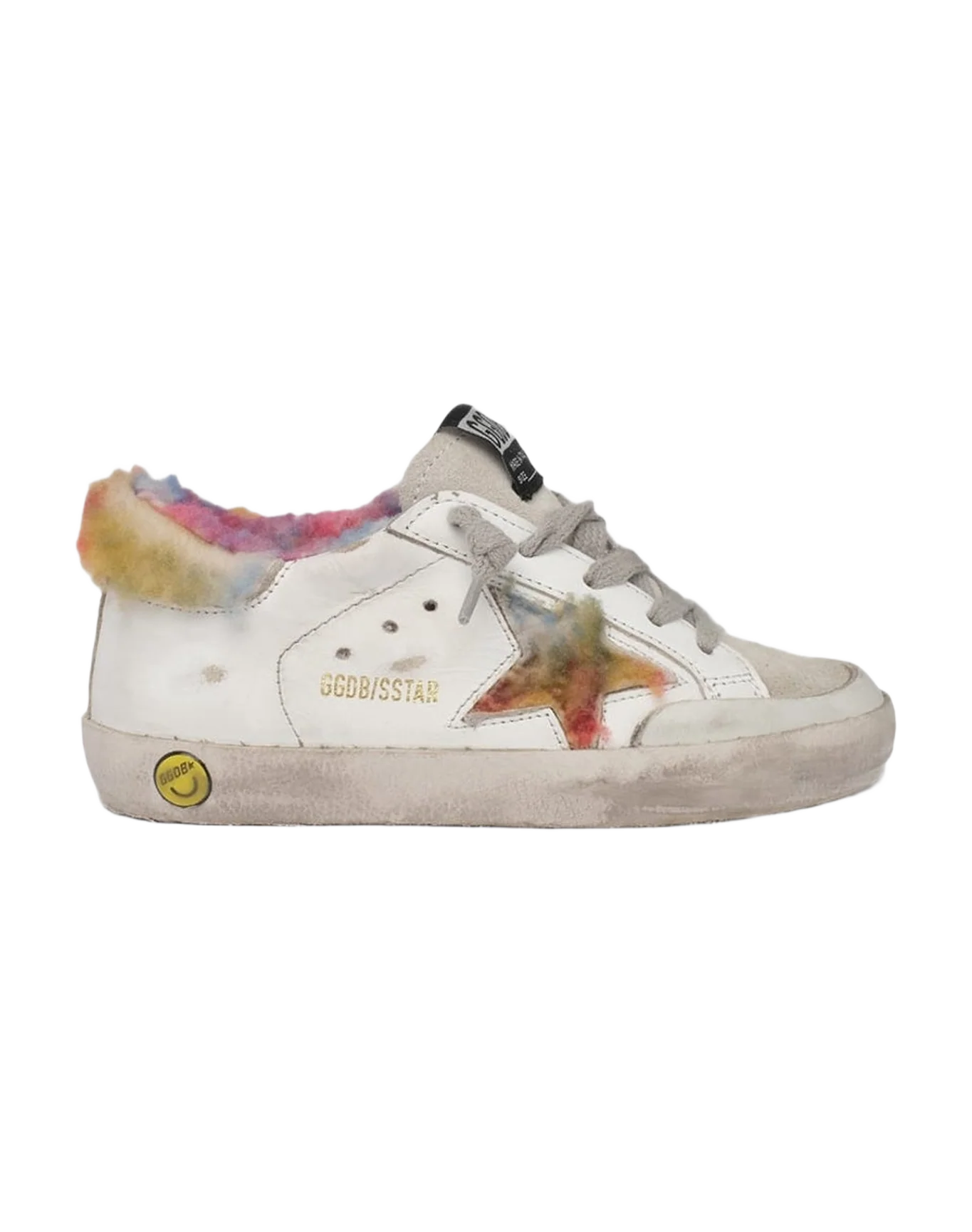 Kids | Super-Star Sneakers with Rainbow Shearling Inserts | White x Multicolor x Ice
