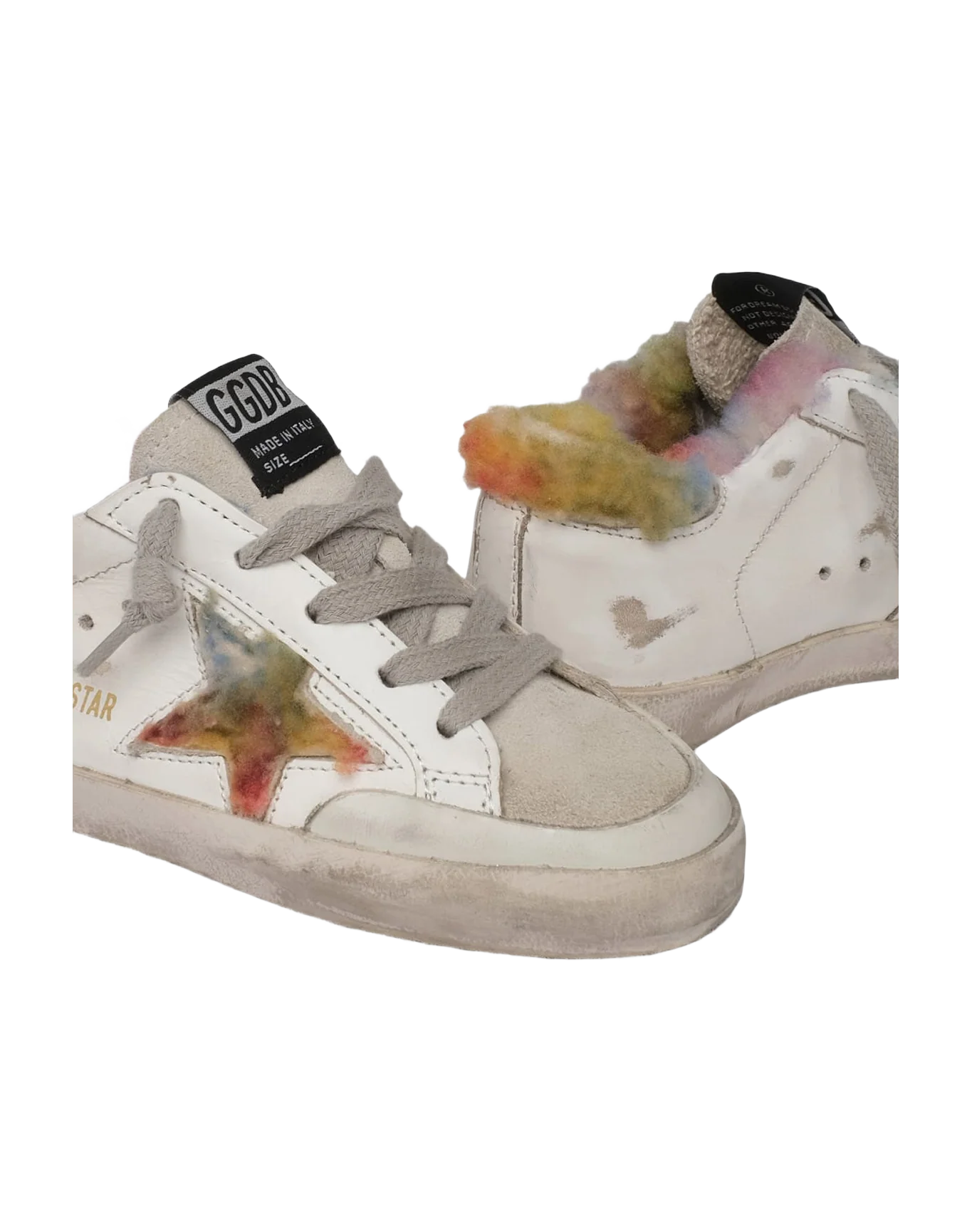 Kids | Super-Star Sneakers with Rainbow Shearling Inserts | White x Multicolor x Ice - Image 2