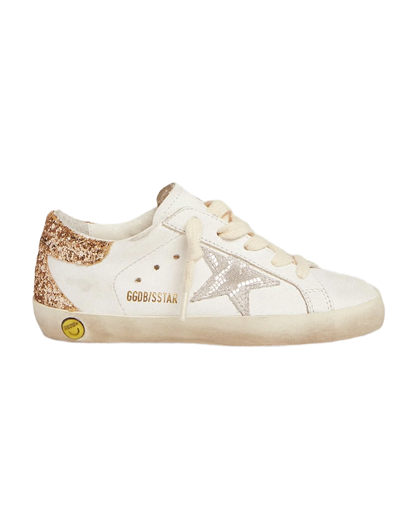 Kids | Super-Star Sneakers with Snake-Print Silver Metallic Leather Star & Gold Glitter Heel Tab | White x Silver x Gold - Image 6