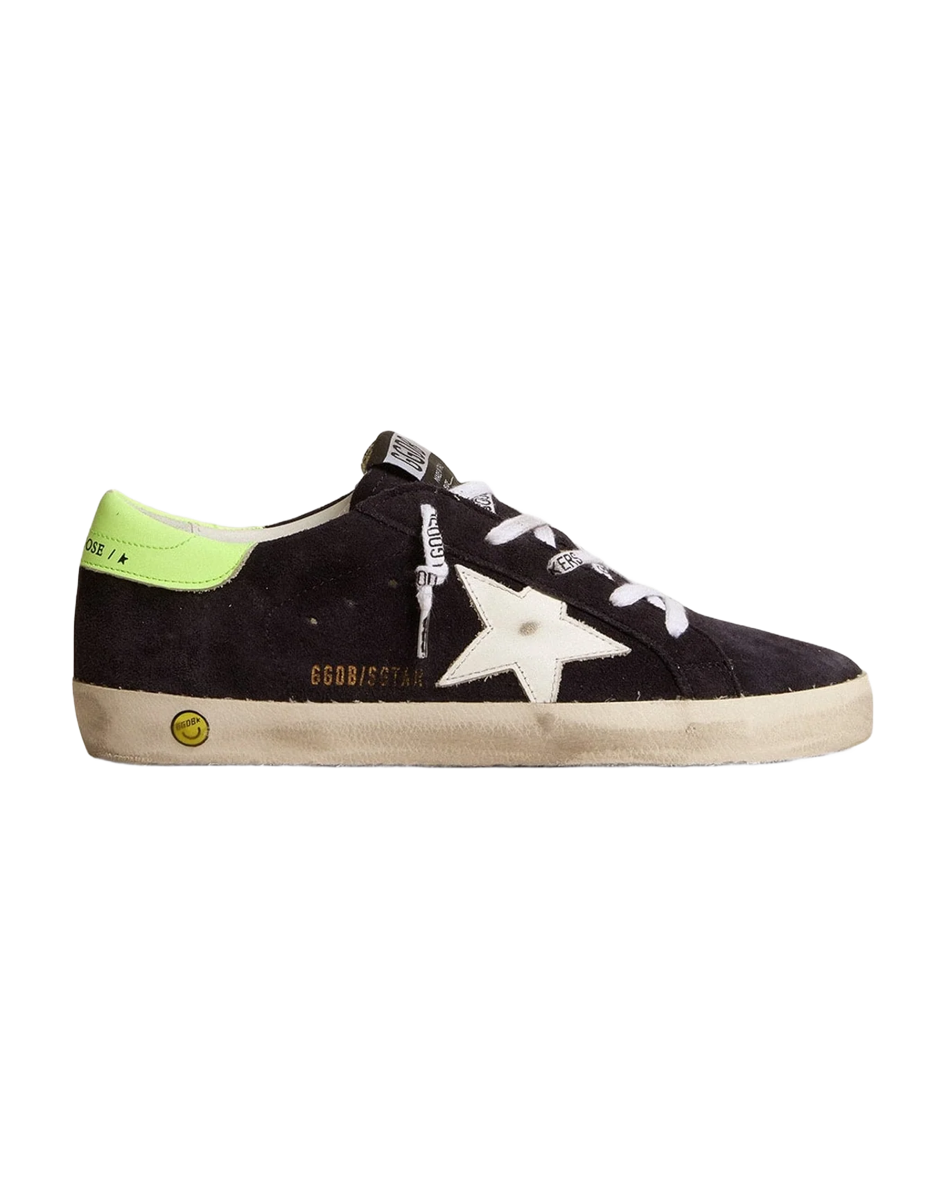 Kids | Super-Star Teen Black Suede with White Leather Star & Fluorescent Yellow Leather Heel Tab | Night Blue x White x Yellow Fluo
