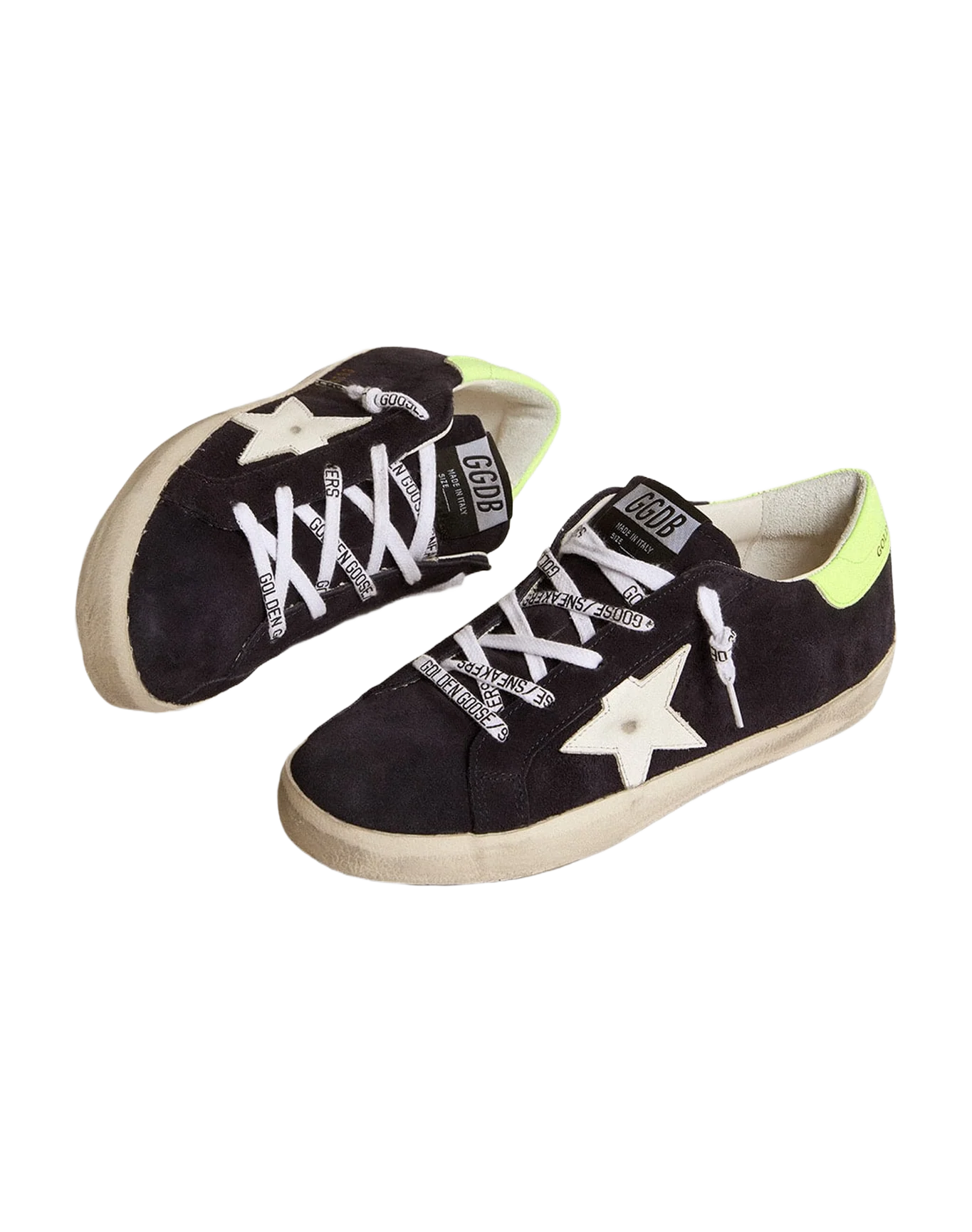 Kids | Super-Star Teen Black Suede with White Leather Star & Fluorescent Yellow Leather Heel Tab | Night Blue x White x Yellow Fluo - Image 4