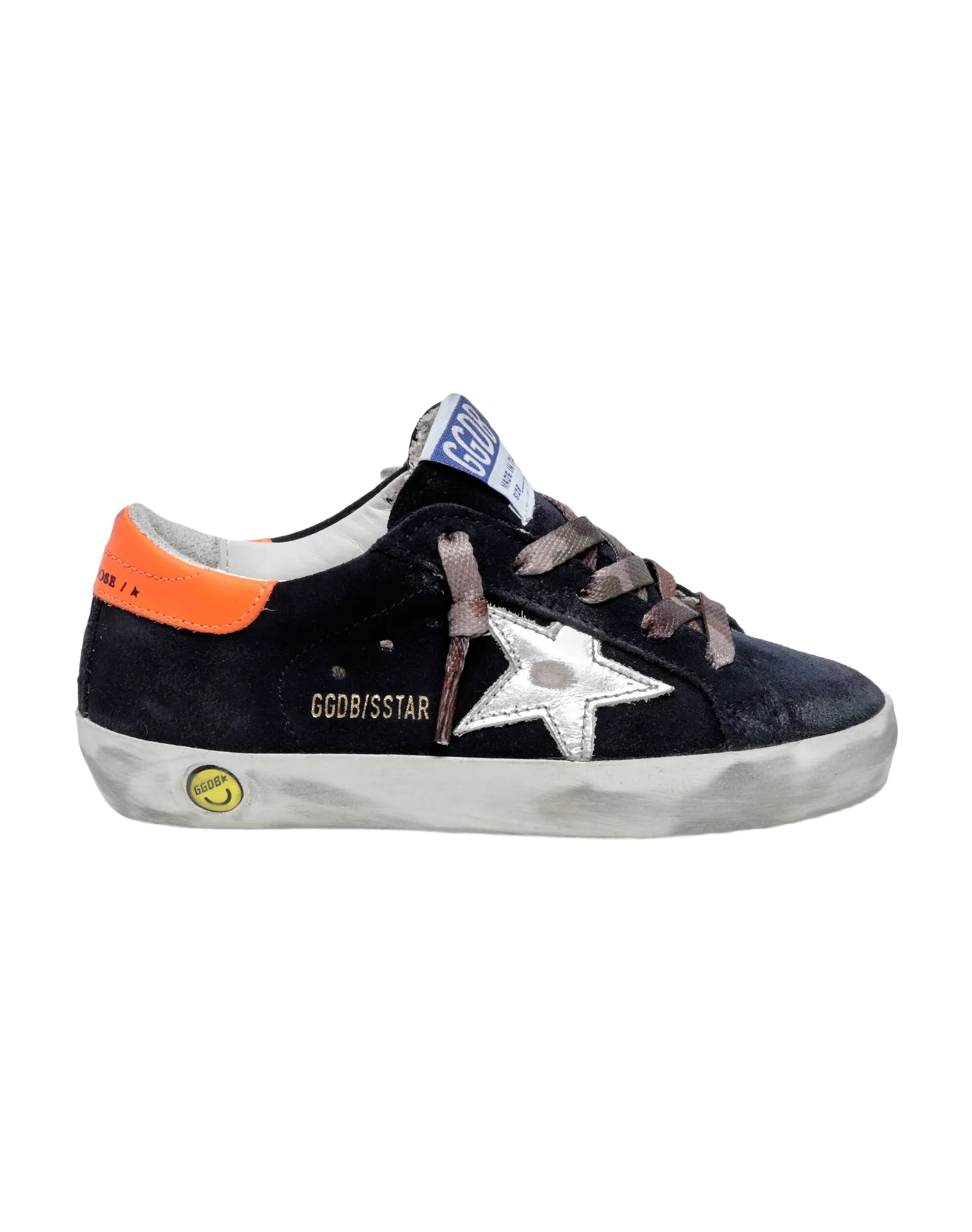Kids | Super-Star Young Black Suede with Silver Metallic Star & Orange Heel Tab | Night Blue x Silver x Fluo Orange - Image 2
