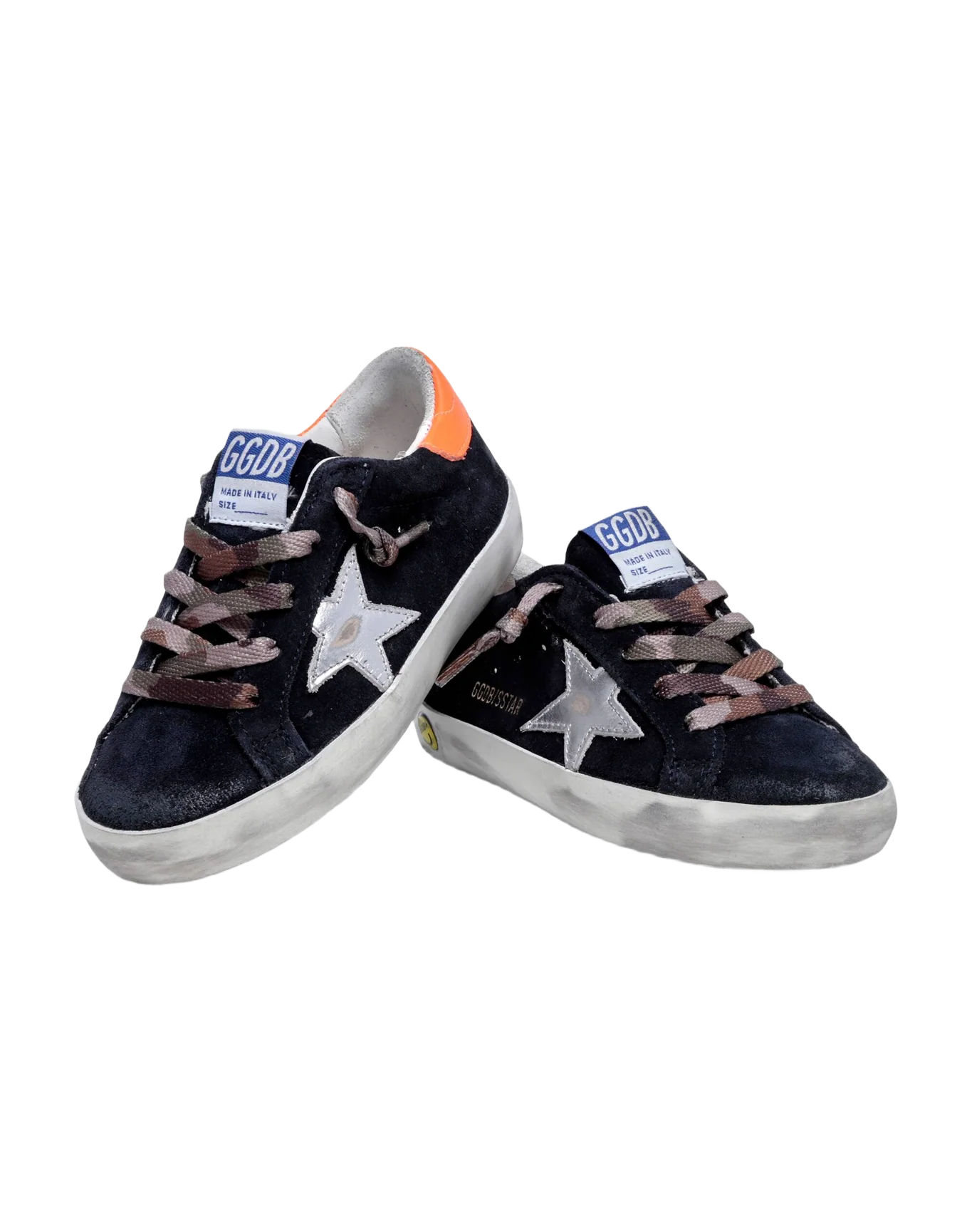 Kids | Super-Star Young Black Suede with Silver Metallic Star & Orange Heel Tab | Night Blue x Silver x Fluo Orange - Image 3
