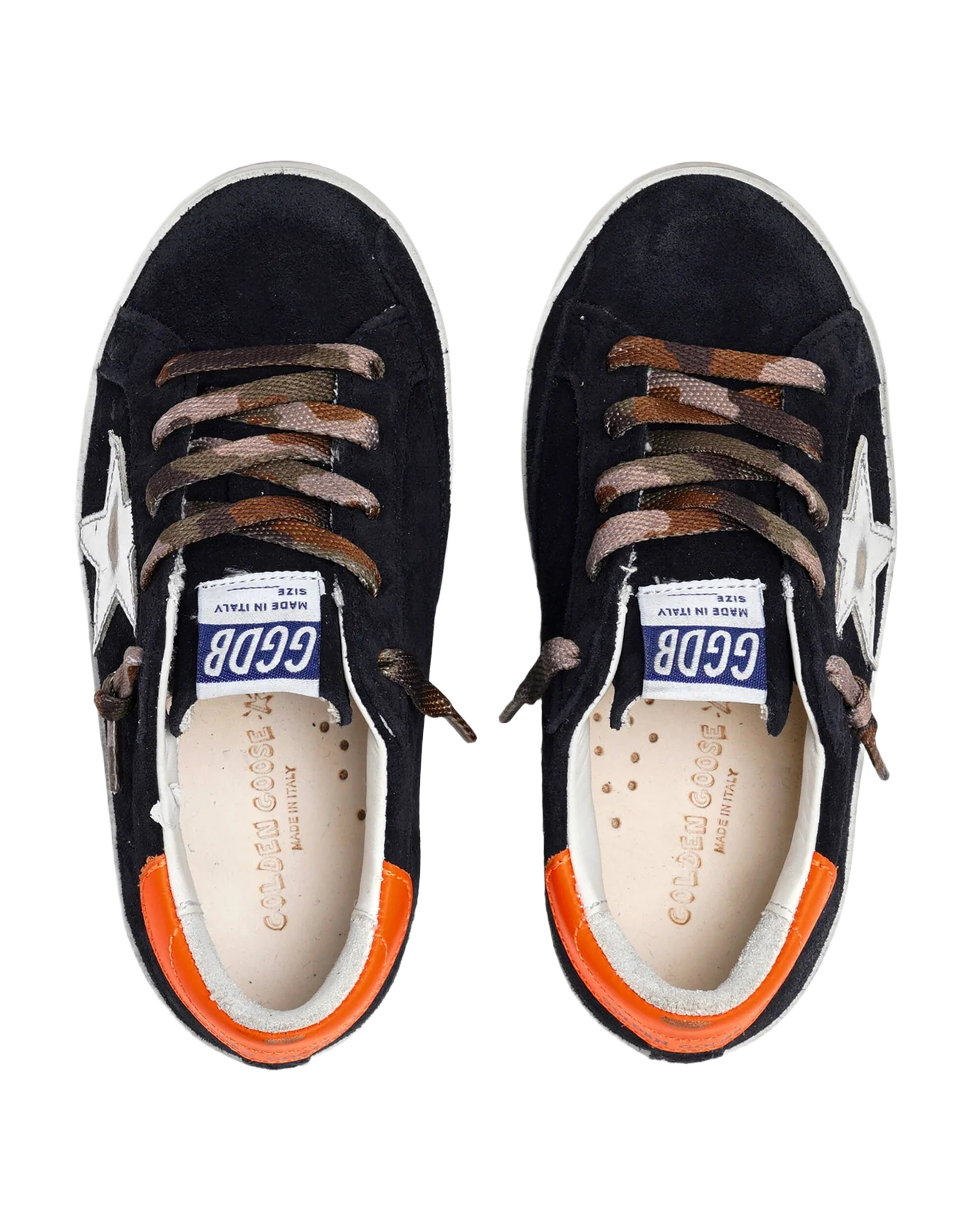 Kids | Super-Star Young Black Suede with Silver Metallic Star & Orange Heel Tab | Night Blue x Silver x Fluo Orange - Image 4
