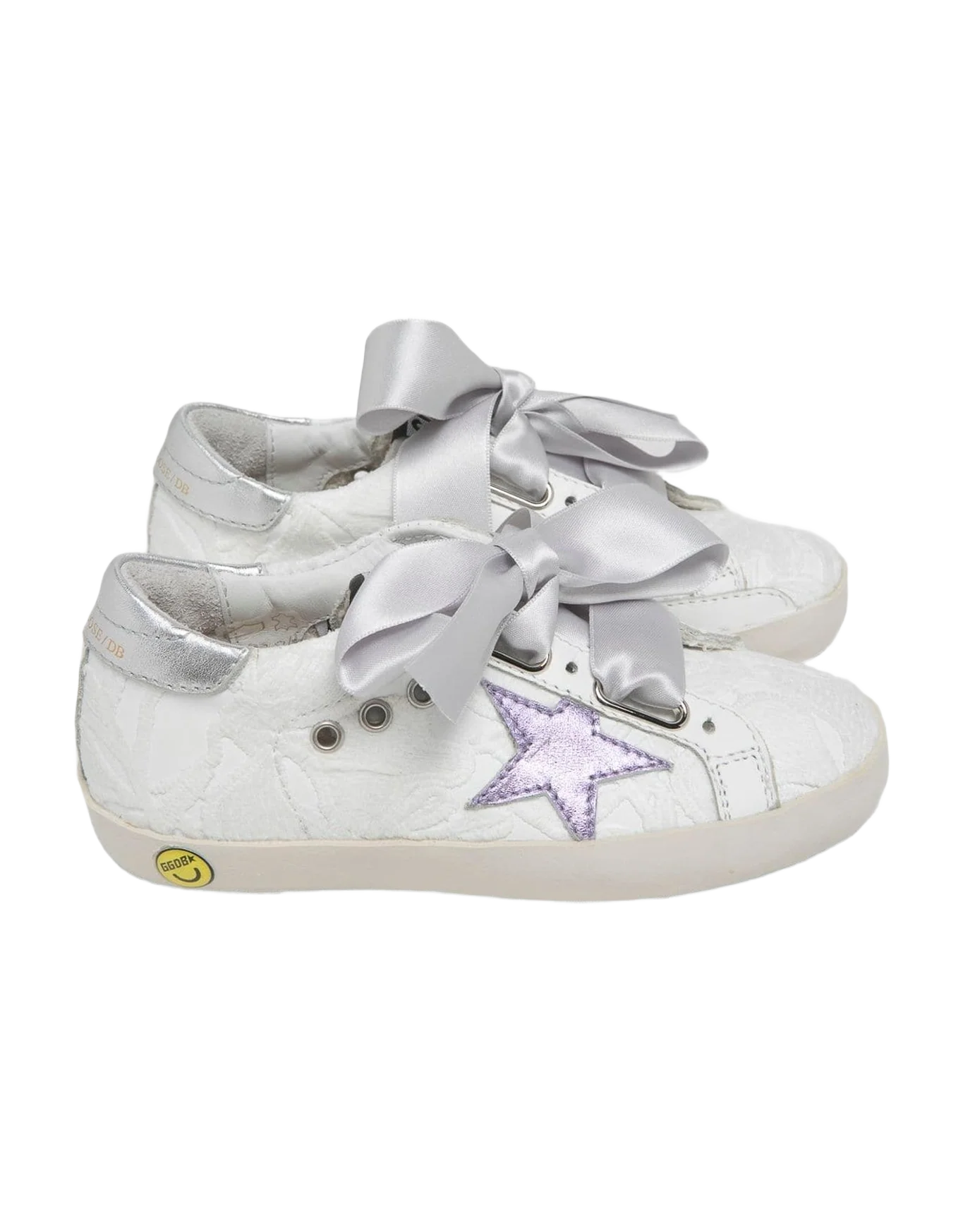 Kids | Super-Star Young Decorated White Leather with Metallic Pink Star & Metallic Silver Heel Tab & Silver Ribbons As Laces