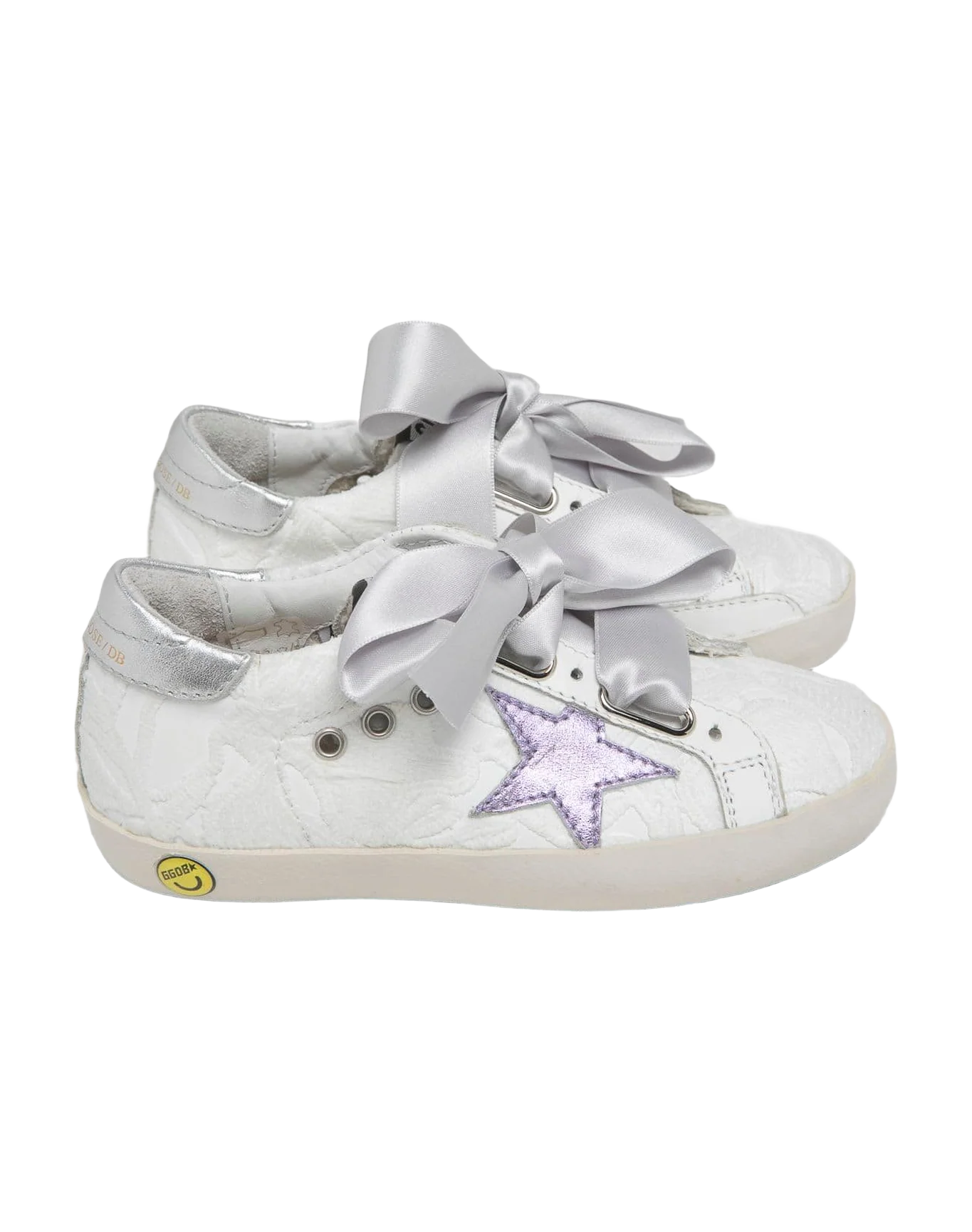 Kids | Super-Star Young Decorated White Leather with Metallic Pink Star & Metallic Silver Heel Tab & Silver Ribbons As Laces - Image 2