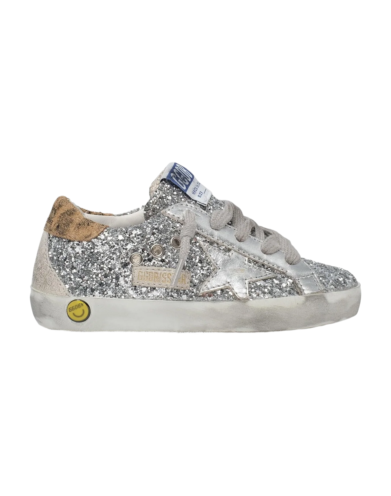 Kids | Super-Star Young Silver Glitter with With Silver Leather & Leopard Suede Heel Tab | Silver x Beige Brown Leo x Ice