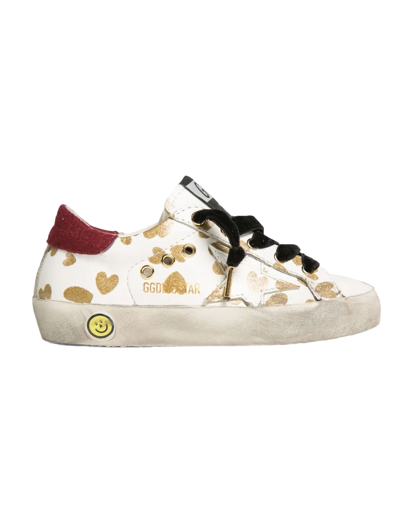 Kids | Super-Star Young White Leather with Gold Hearts & Burgundy Suede Heel Tab