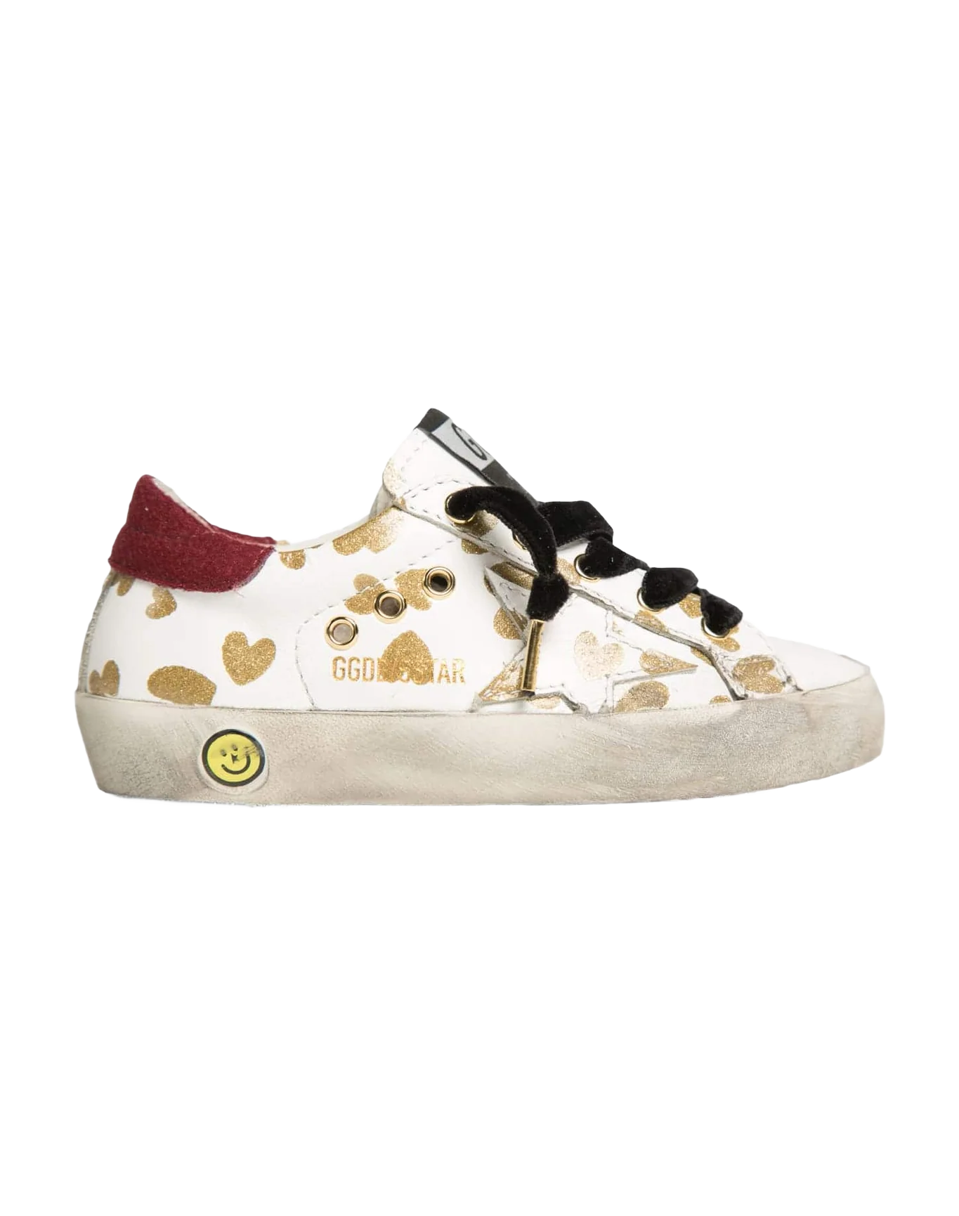 Kids | Super-Star Young White Leather with Gold Hearts & Burgundy Suede Heel Tab - Image 2
