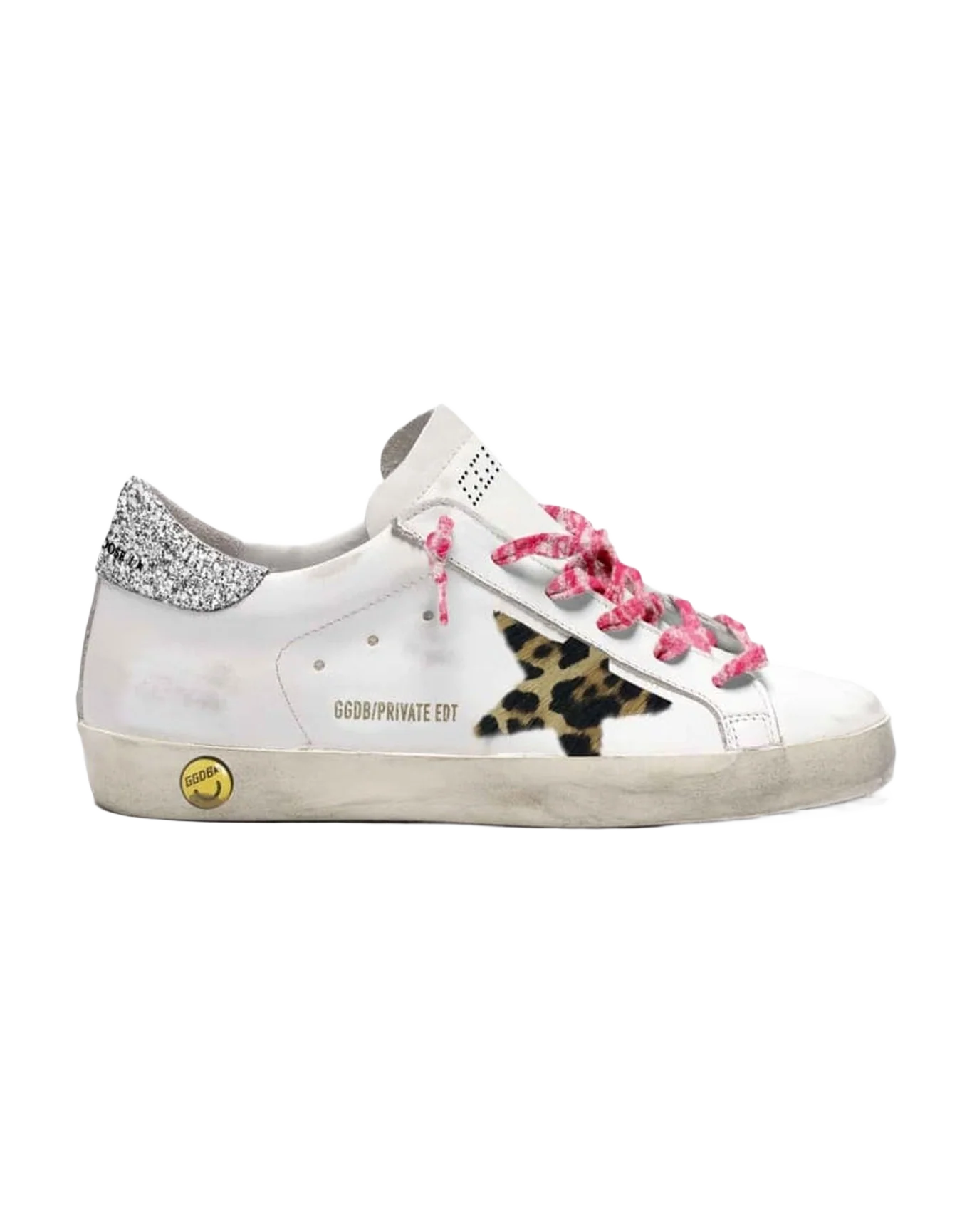 Kids | Super-Star Young with White Leather, Beige Brown Leo Star & Silver Glitter Heel Tab | White x Beige Brown Leo x Silver