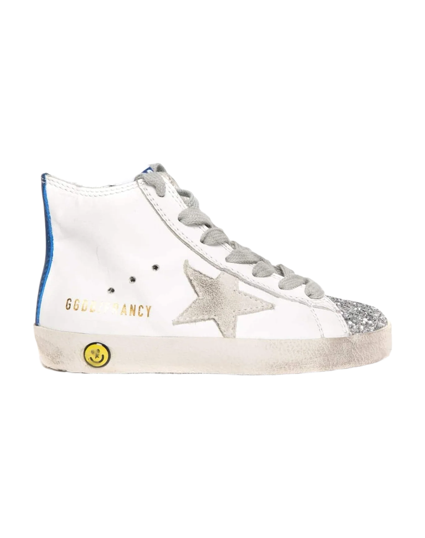 Kids | White Francy Young Sneakers with Suede Star & Silver Glitter Tip