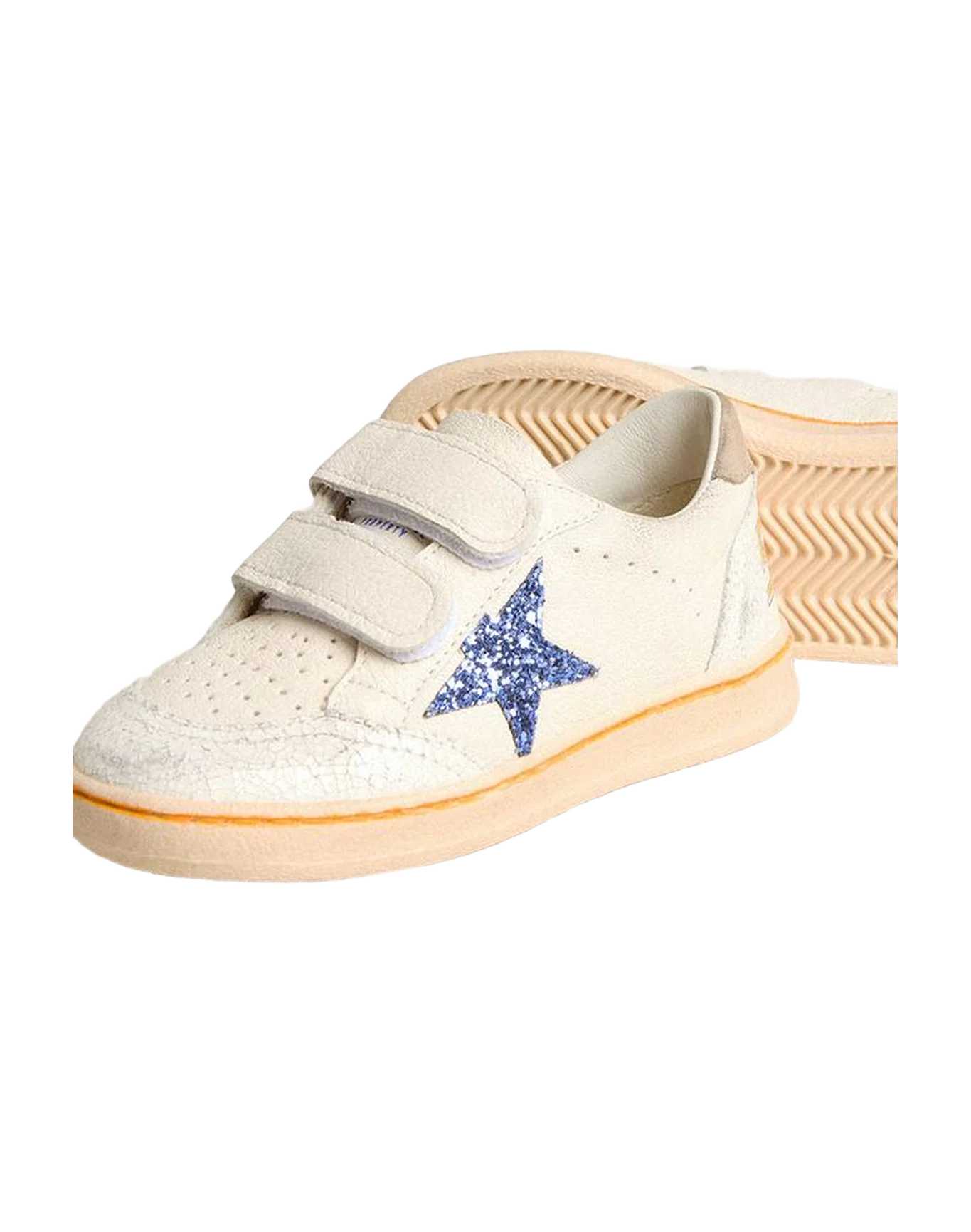 Kids | Young Ball Star with Blue Glitter Star & Beige Suede Heel Tab | White x Light Blue x Taupe - Image 2