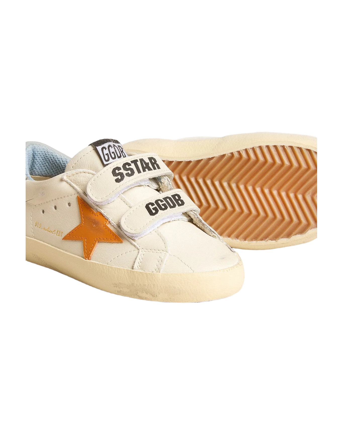 Kids | Young Old School Leather with Orange Star & Baby Blue Heel Tab | White x Orange x Silver Blue - Image 6