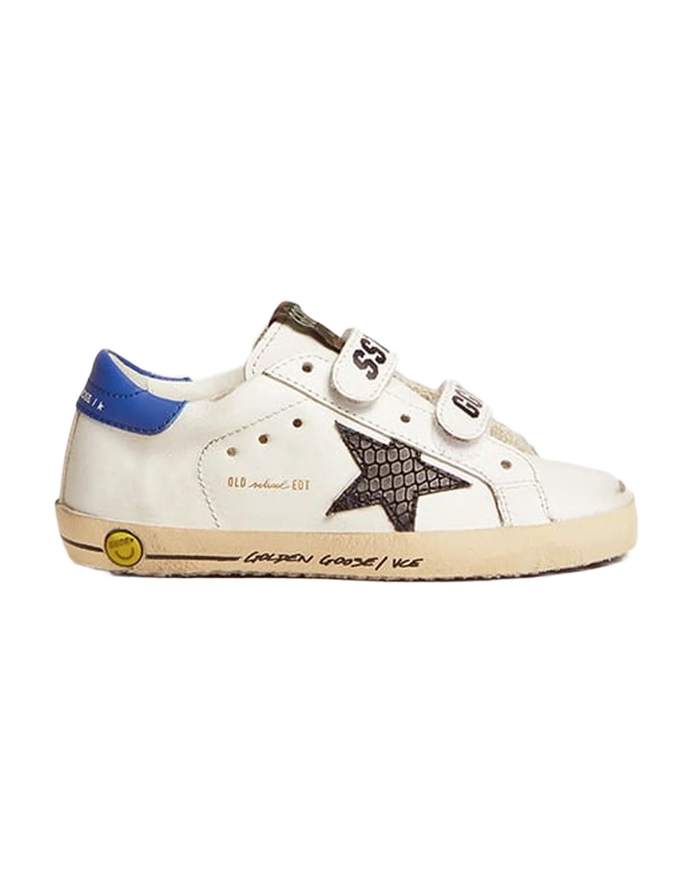 Kids | Young Old School with Black Snake Print Leather Star & Blue Heel | White x Black x Blue - Image 4