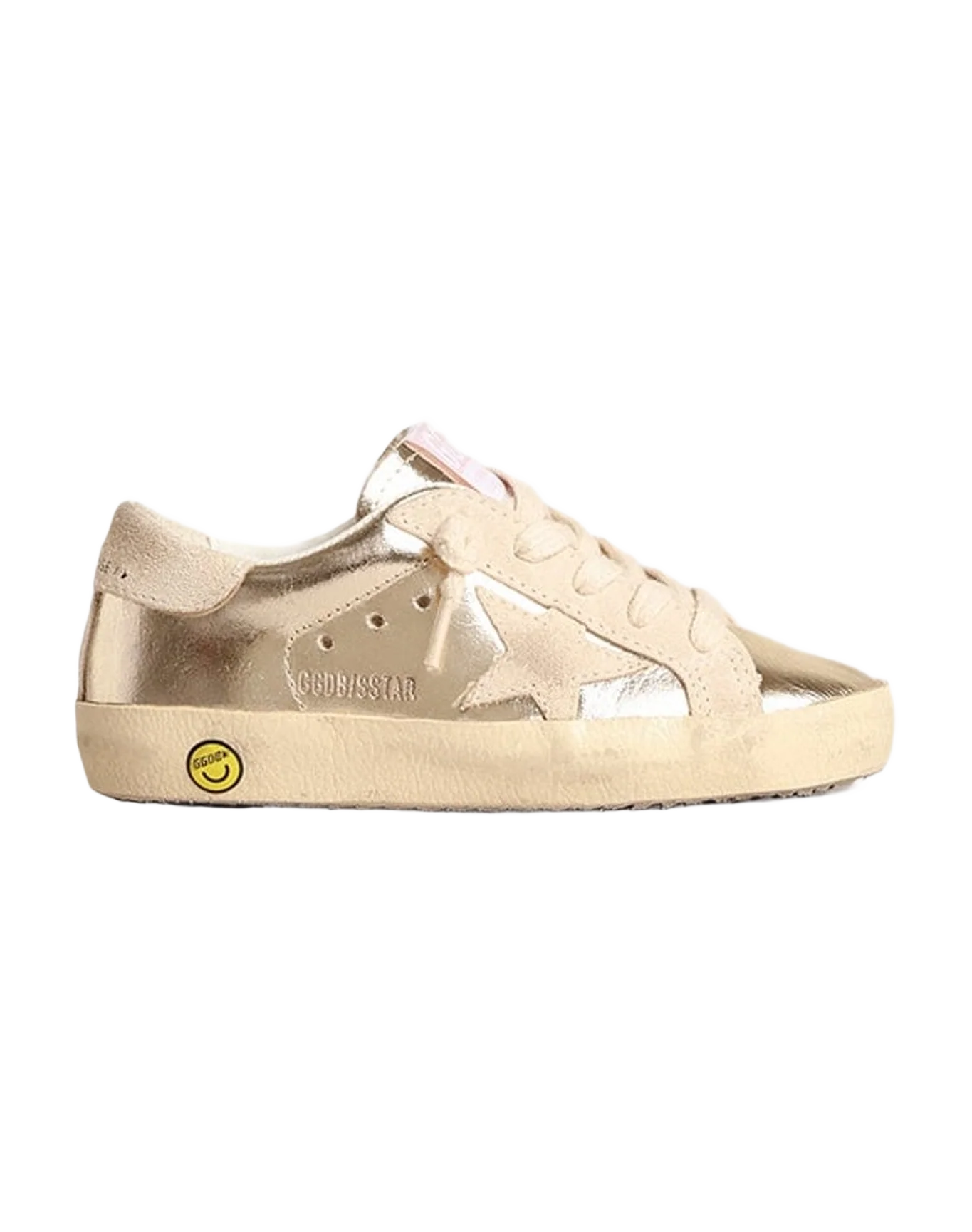 Kids | Young Super-Star Platinum Metallic Leather with Suede Star & Heel Tab | Platinum x Beige