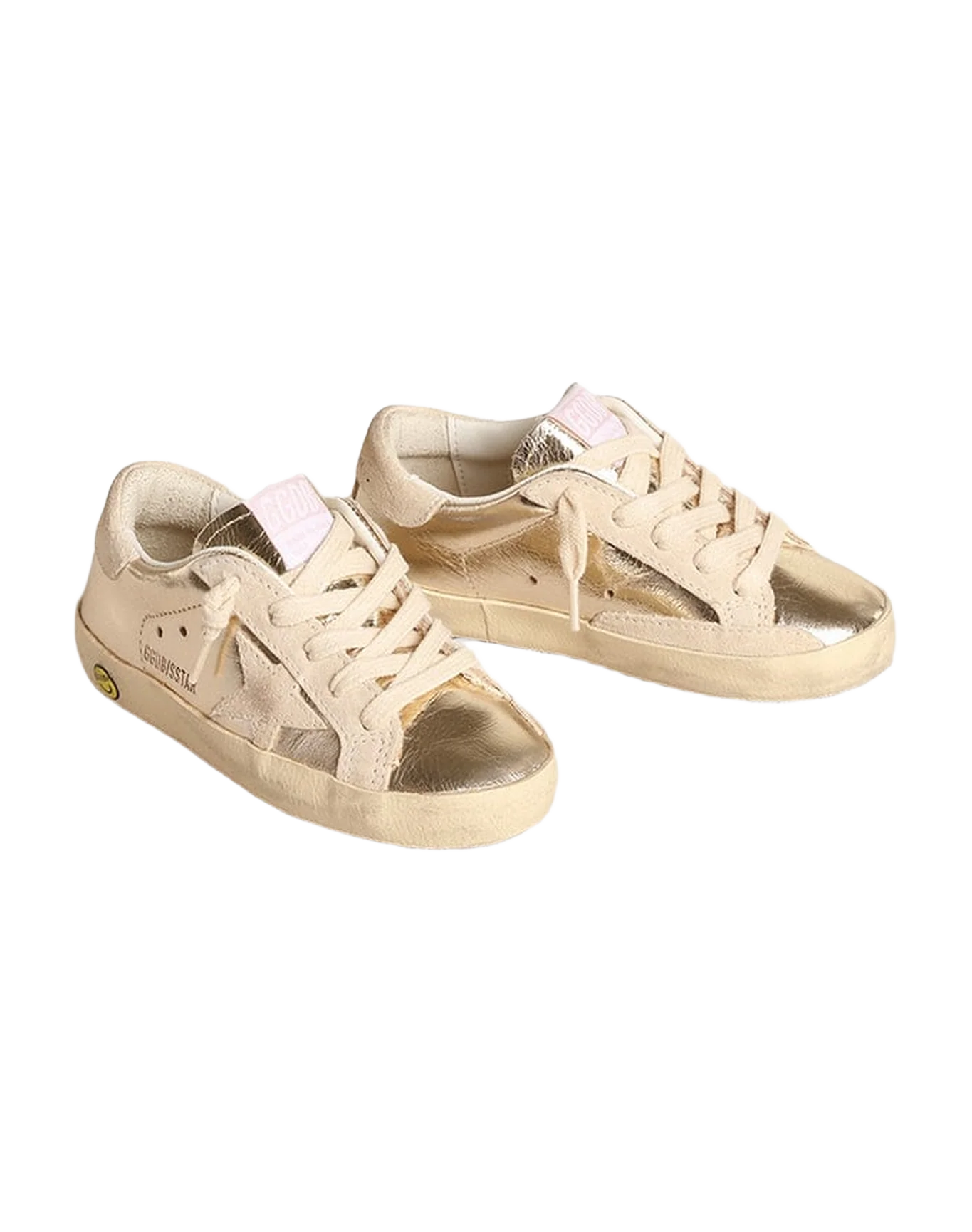 Kids | Young Super-Star Platinum Metallic Leather with Suede Star & Heel Tab | Platinum x Beige - Image 3