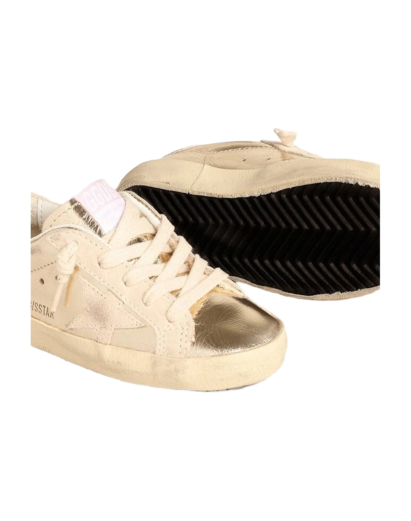 Kids | Young Super-Star Platinum Metallic Leather with Suede Star & Heel Tab | Platinum x Beige - Image 4