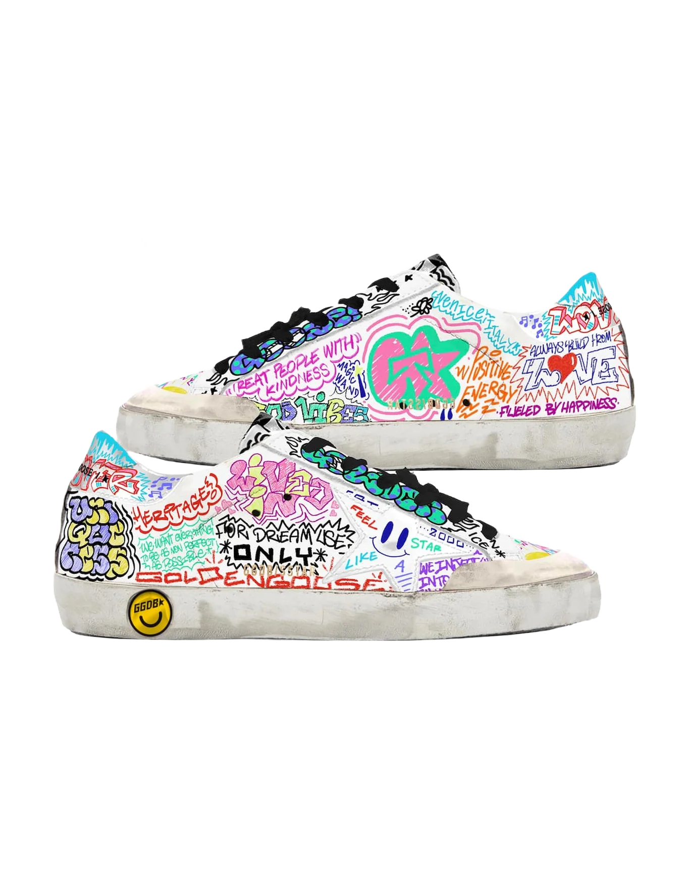 Kids | Young Super-Star Sneakers White Leather with Multicolored Graffiti Print | White x Multicolor - Image 3