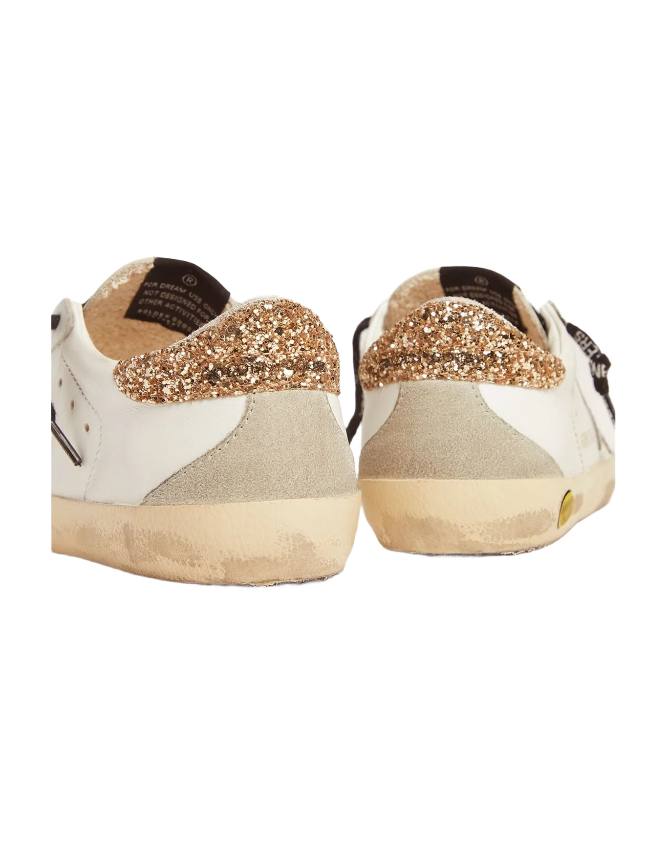 Kids | Young White Leather Super-Star Sneakers with Glittery Heel Tab | White x Silver x Light Gold x Ice