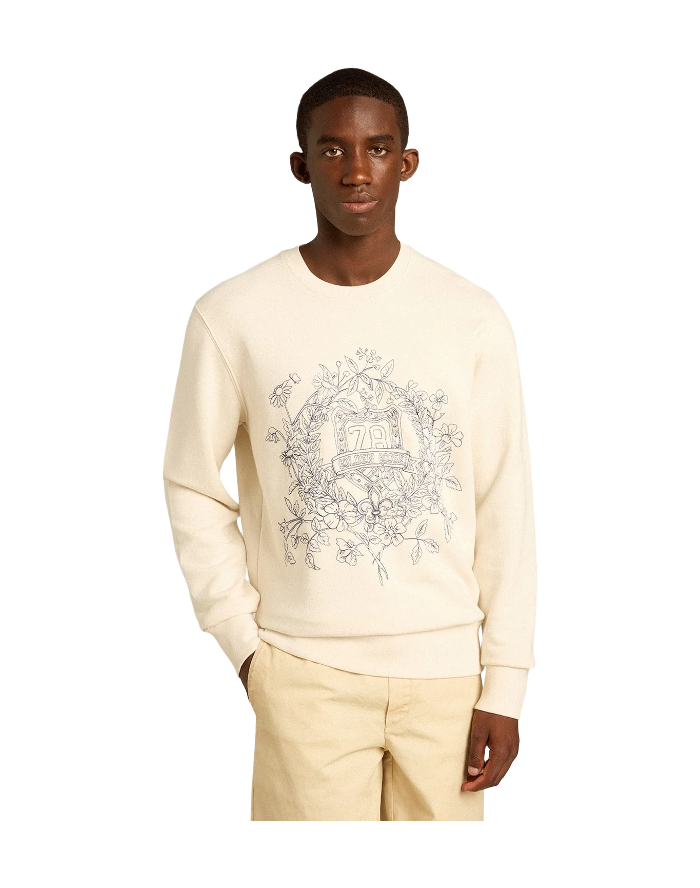 Men | Aged White Cotton Sweatshirt with Embroidery On The Front | Heritage White x Eclipse - Image 8