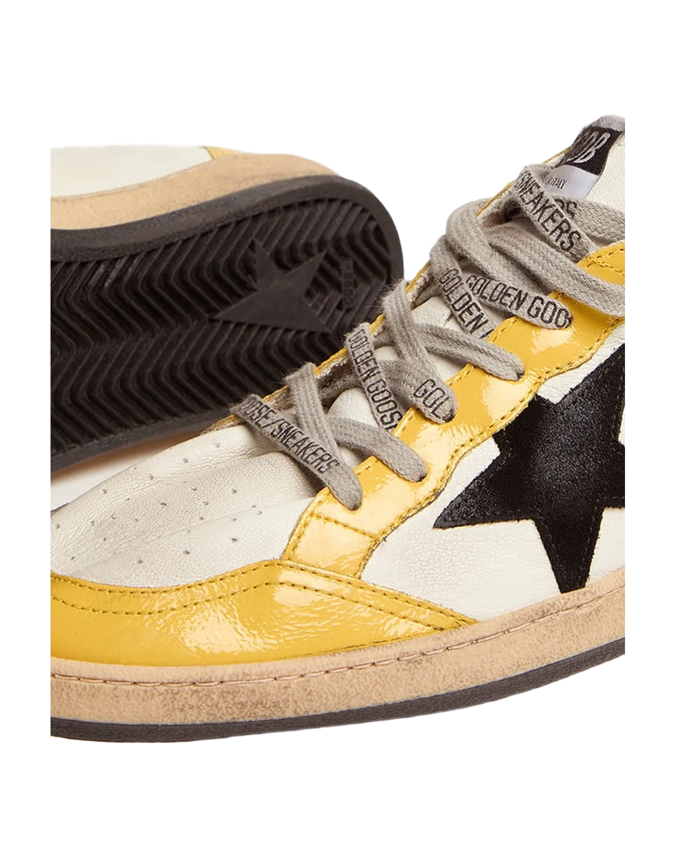Men | Ball Star Sneakers White Nappa Leather with Black Suede Star & Yellow Naplak Inserts | White x Ocra x Black - Image 8