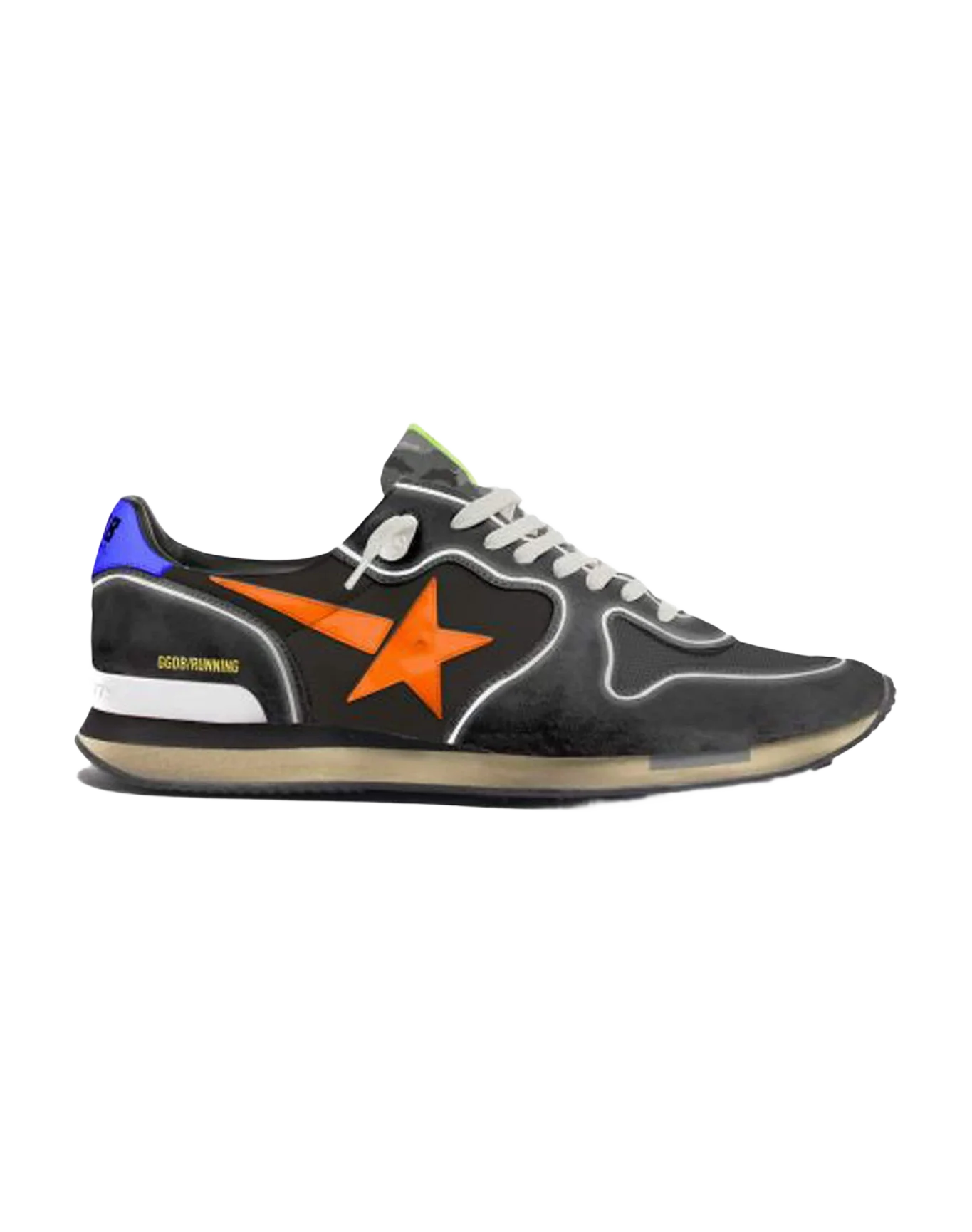 Men | Black Running Sneakers with Fluorescent Orange Star | Black x Orange Fluo x Blue - Image 3